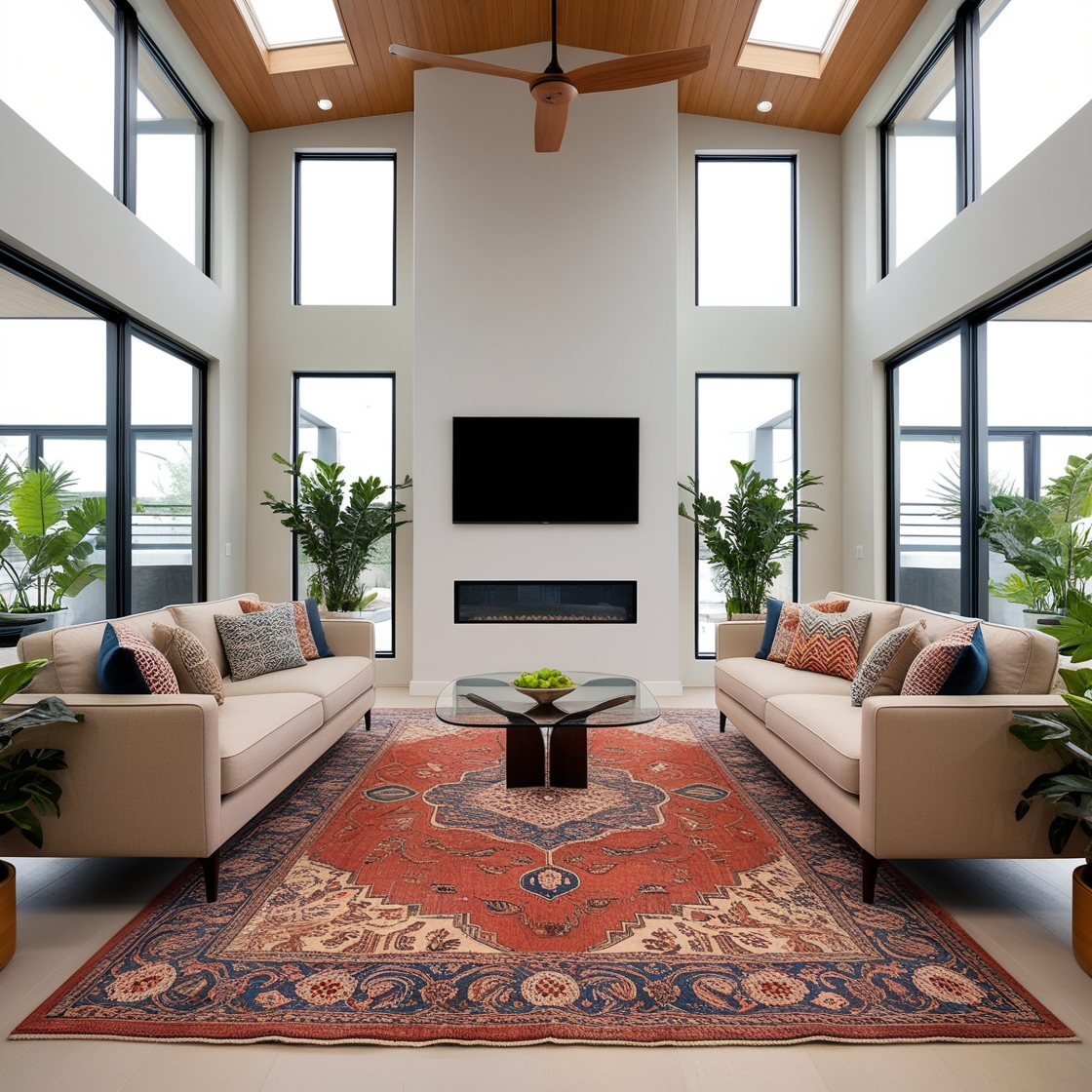 a modern, well-lit living room with a symmetrical layout. Two beige sofas with various patterned cushions face each other, flanking a central glass coffee table. The room features large, floor-to-ceiling windows on three sides, allowing ample natural light to flood the space. A flat-screen TV is mounted on a sleek, minimalist wall above a contemporary fireplace. The floor is adorned with a vibrant, intricately patterned area rug in shades of red, blue, and beige. Several green potted plants are placed around the room, adding a touch of nature. The ceiling has skylights and a wooden ceiling fan, enhancing the airy and open feel of the room.