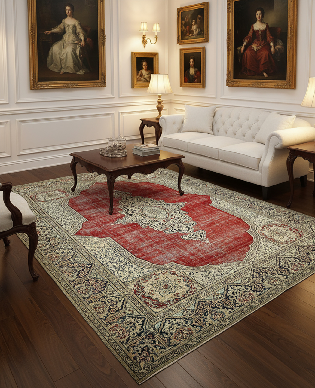 Authentic hand-knotted Persian area rug featuring a central red medallion and intricate floral motifs. The vintage rug grounds a formal, traditional living room with white wainscoting and framed portrait paintings.