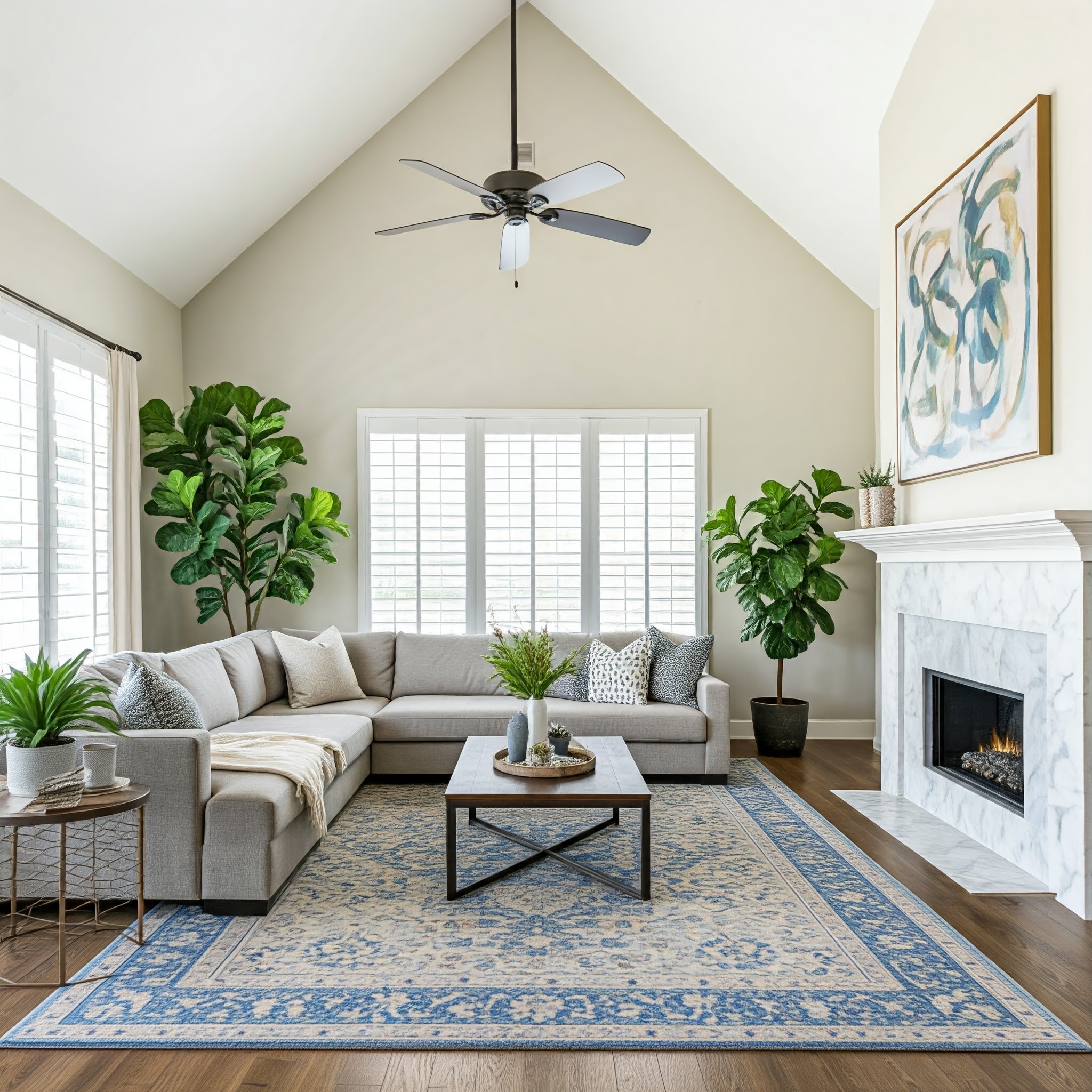 Modern living room with a spacious and airy layout. The room has a high vaulted ceiling with a central black ceiling fan. A large L-shaped grey sectional sofa, decorated with patterned and plain cushions, is leaning against the wall. In front of the sofa, a rectangular wooden coffee table with a black metal frame houses various potted plants. The floor is covered with a vintage turkish large area rug in beige and blue tones that complements the parquet flooring. On the right side, a white marble fireplace is lit and adds warmth to the space. Above the fireplace hangs an abstract painting with blue and beige patterns in a light-coloured wooden frame. Large windows with white shutters allow natural light to enter the room, while tall green plants in pots are strategically placed around the space, reinforcing the fresh and inviting atmosphere.