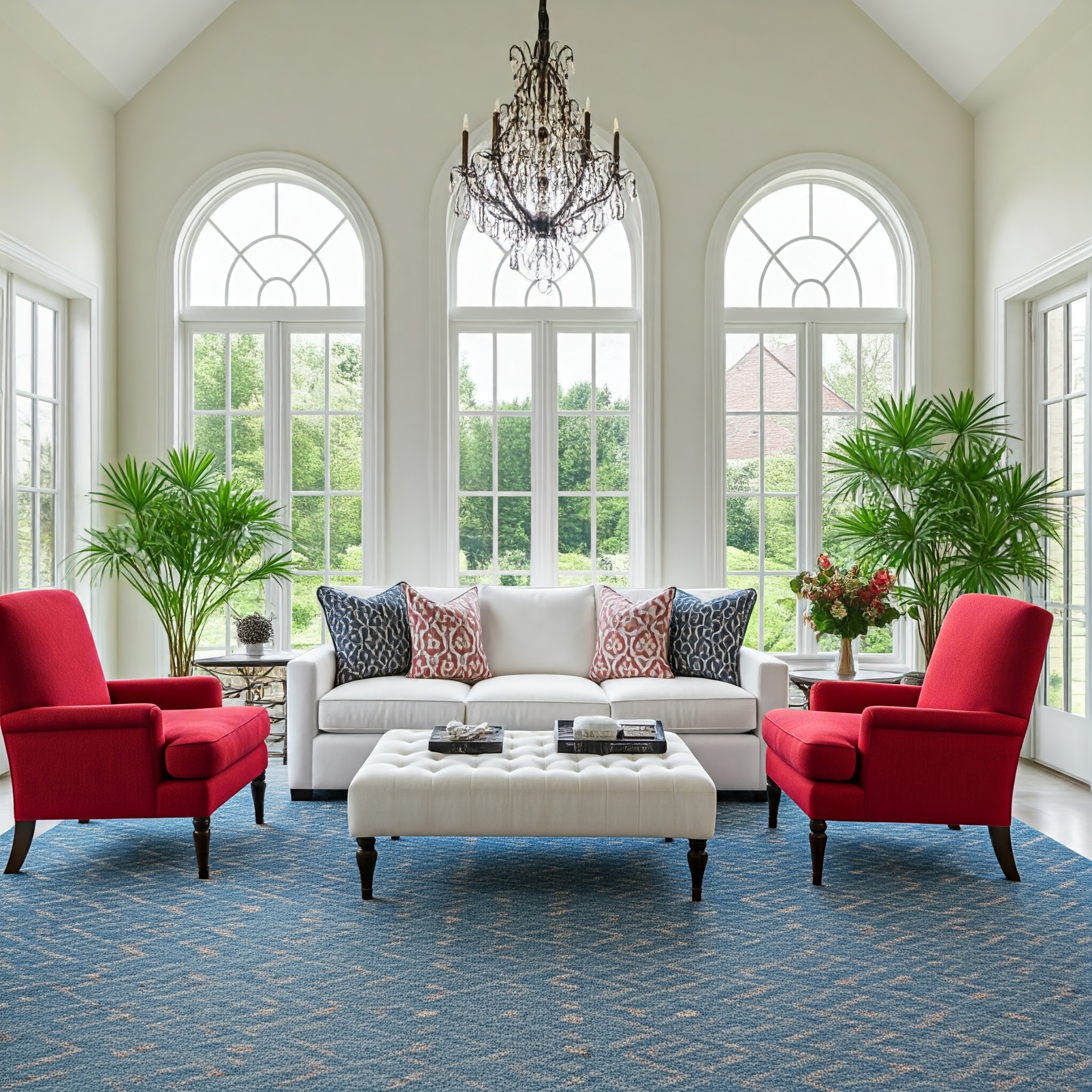 A stylish and elegant living room with a symmetrical layout. The central seating area features a white sofa adorned with patterned blue and red cushions and two vibrant red armchairs. A white tufted ottoman serves as a coffee table placed on a blue patterned hand-woven rug that adds texture to the room.
