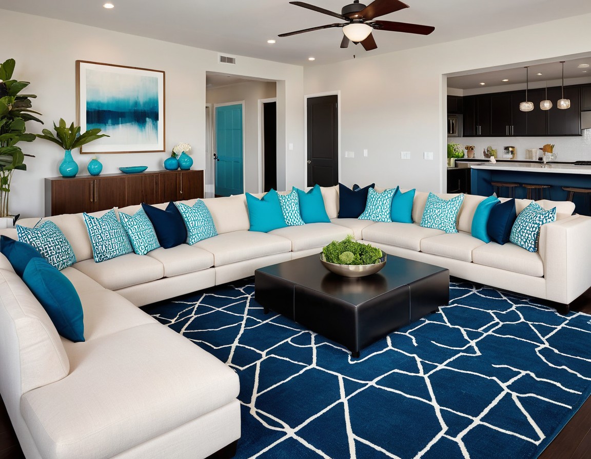 It showcases a modern living room with a spacious layout. The room features a large U-shaped beige sectional sofa, adorned with various blue and teal throw pillows that create a vivid contrast. In the centre is a square, black coffee table with a decorative green plant. The floor is covered with a plain navy blue and white carpet with a geometric pattern.