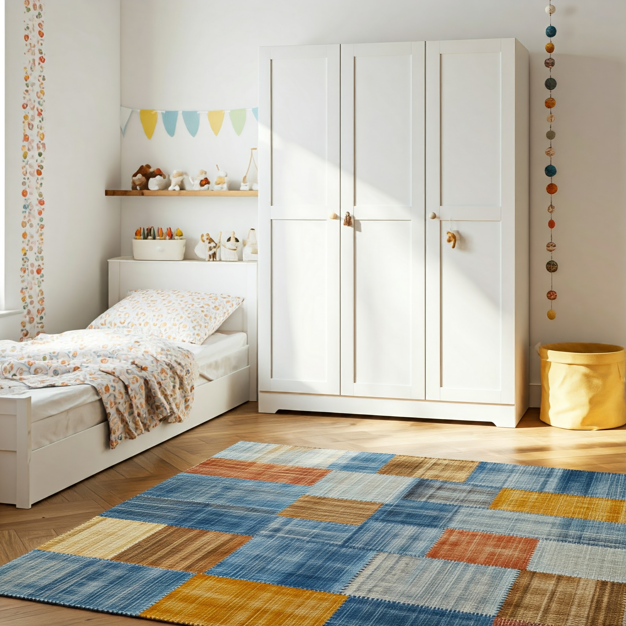 minimalist children's bedroom with a bright and airy atmosphere. The room features a white wooden bed with a colorful, patterned duvet and pillow set, positioned against a white wall. Adjacent to the bed is a large white wardrobe with simple, sleek doors and small, round handles. The floor is adorned with a vibrant, multicolored rug featuring a patchwork design in shades of blue, orange, and yellow.