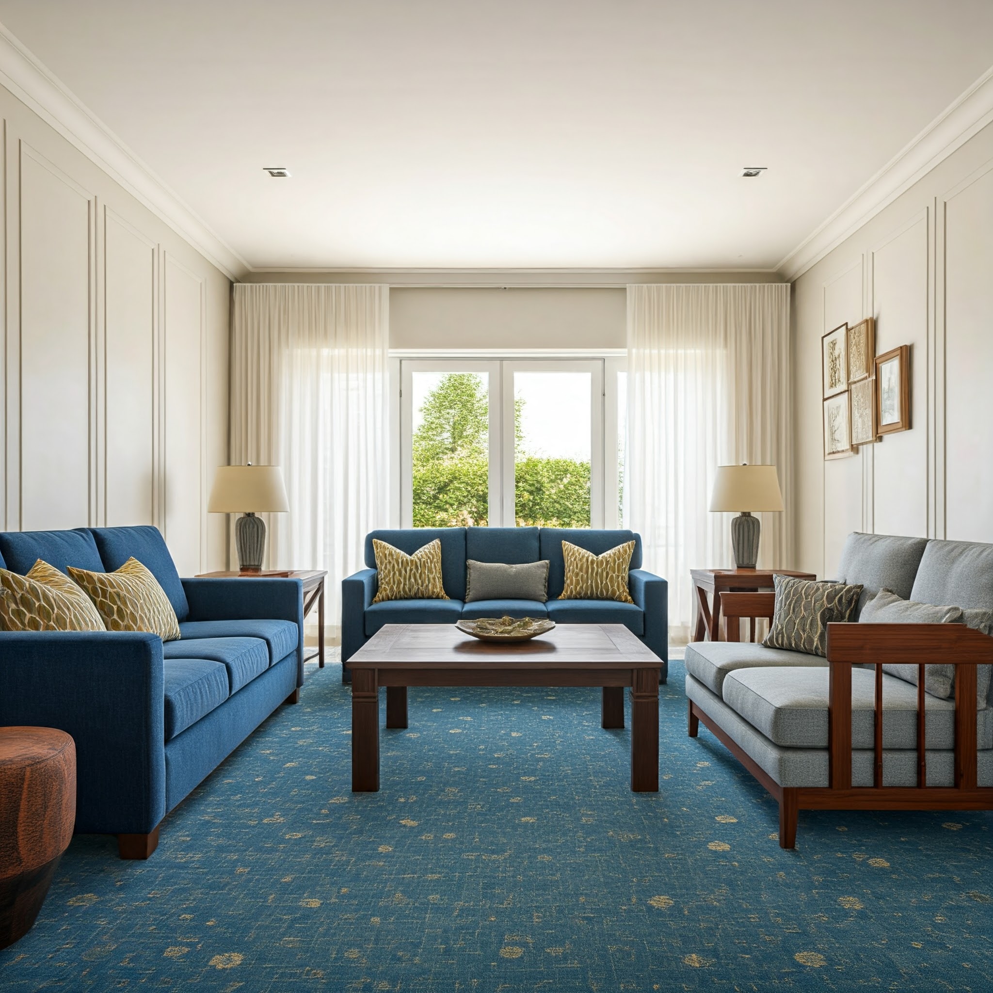 A modern, well-lit living room with a symmetrical layout. The room features two blue sofas facing each other, each adorned with patterned yellow and blue cushions. A wooden coffee table with a decorative bowl sits centrally on a blue carpet with subtle floral patterns. The walls are painted in a light cream color, and the room is illuminated by natural light streaming through large windows covered with sheer white curtains. Two matching table lamps with beige shades are placed on wooden side tables beside each sofa. The back wall is decorated with a series of framed artworks, adding a touch of elegance to the space. The overall ambiance is cozy and inviting, with a harmonious blend of colors and textures.