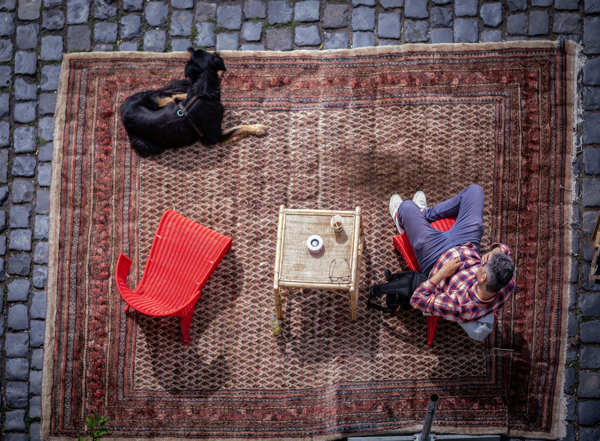 A vintage handwoven rug is spread out on the street, where a relaxed dog rests comfortably. Nearby, two chairs are positioned—one of which is occupied by a person taking a leisurely break. The scene captures a charming and cozy atmosphere