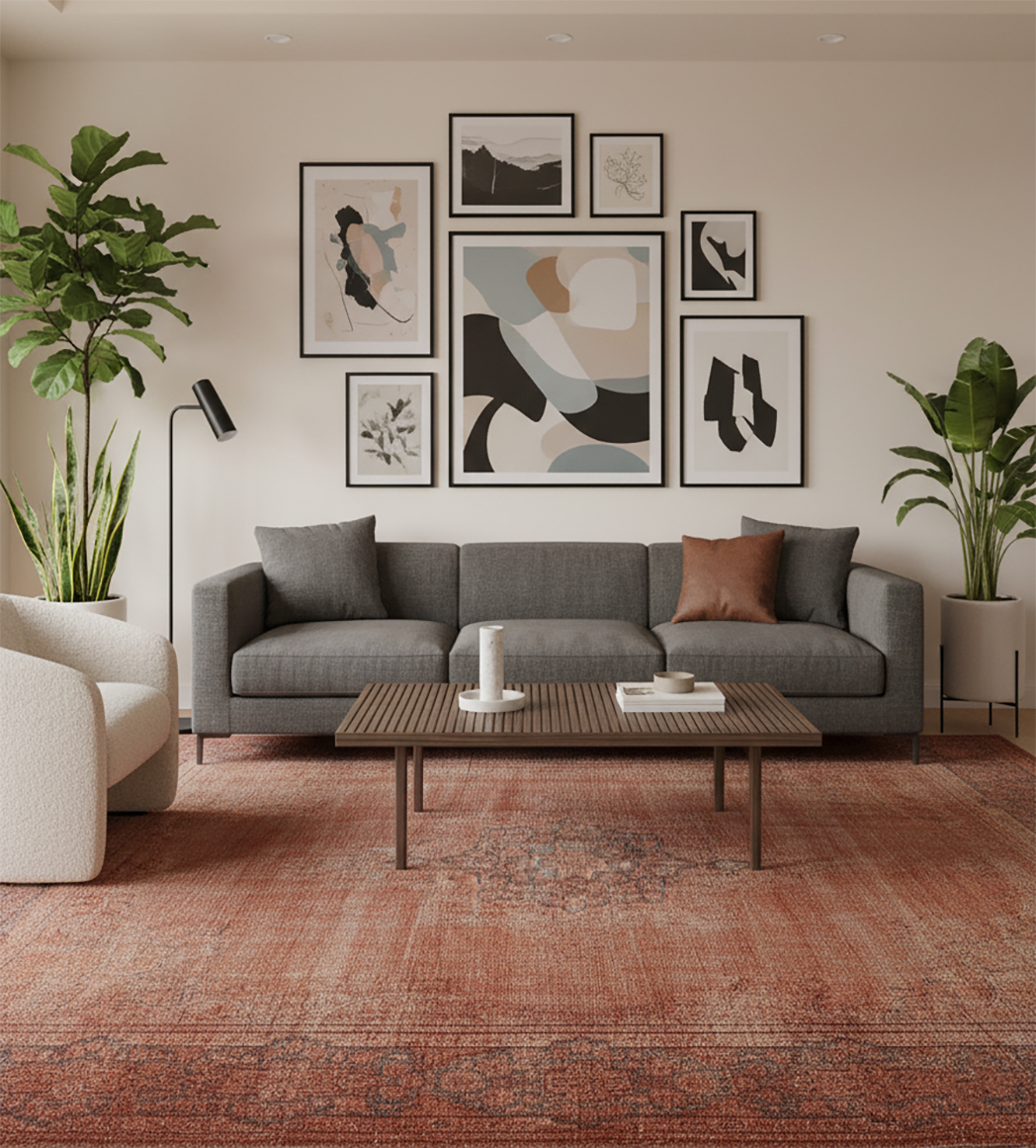 Hand-knotted vintage red overdyed Persian area rug in distressed terracotta and red tones anchoring a modern living room. The rug is placed under a wooden coffee table and gray sofa, complementing the contemporary gallery wall art.