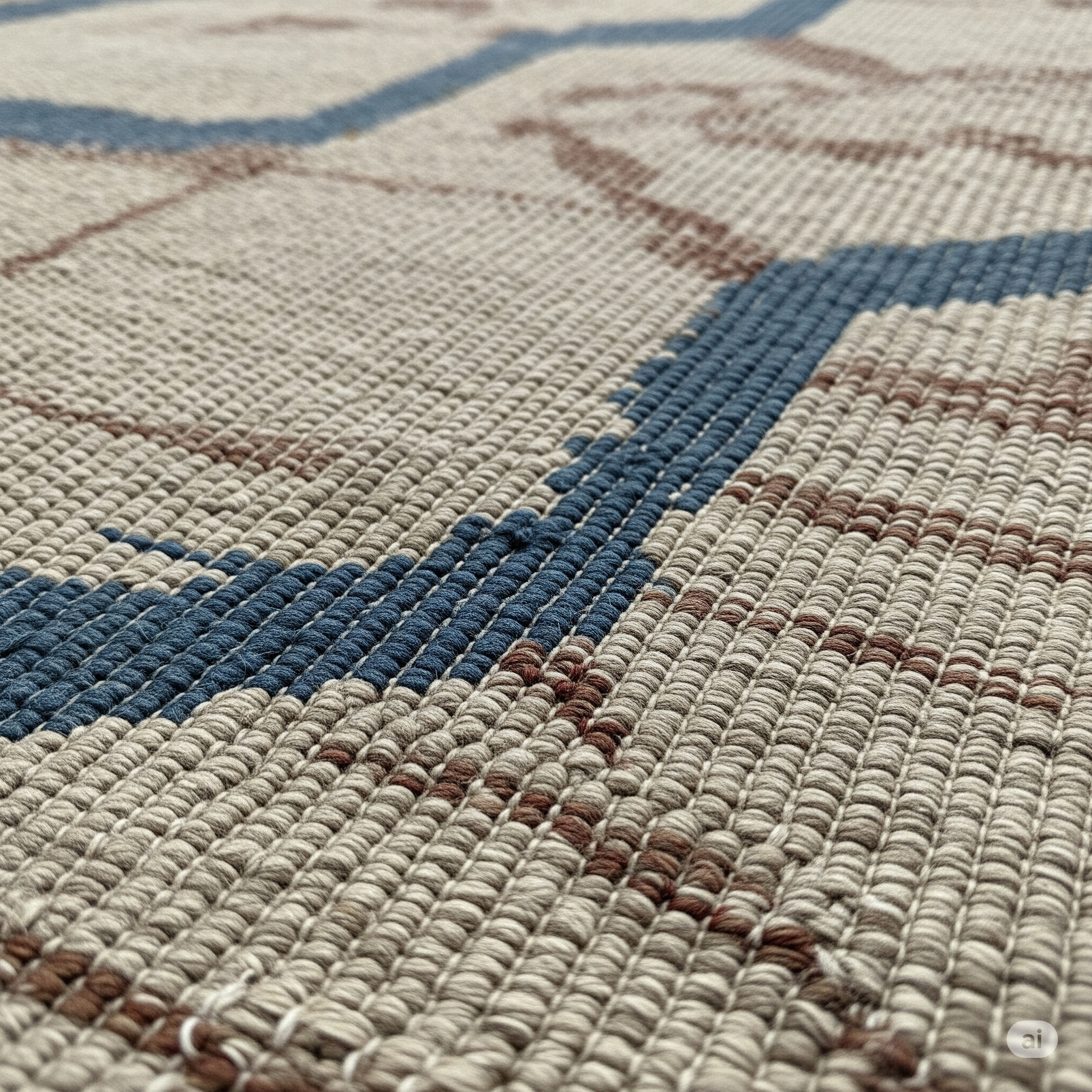 Close-up texture of a durable flatweave rug featuring a tight weave in neutral tones of beige and brown, accented by bold blue linear patterns, highlighting its robust construction.
