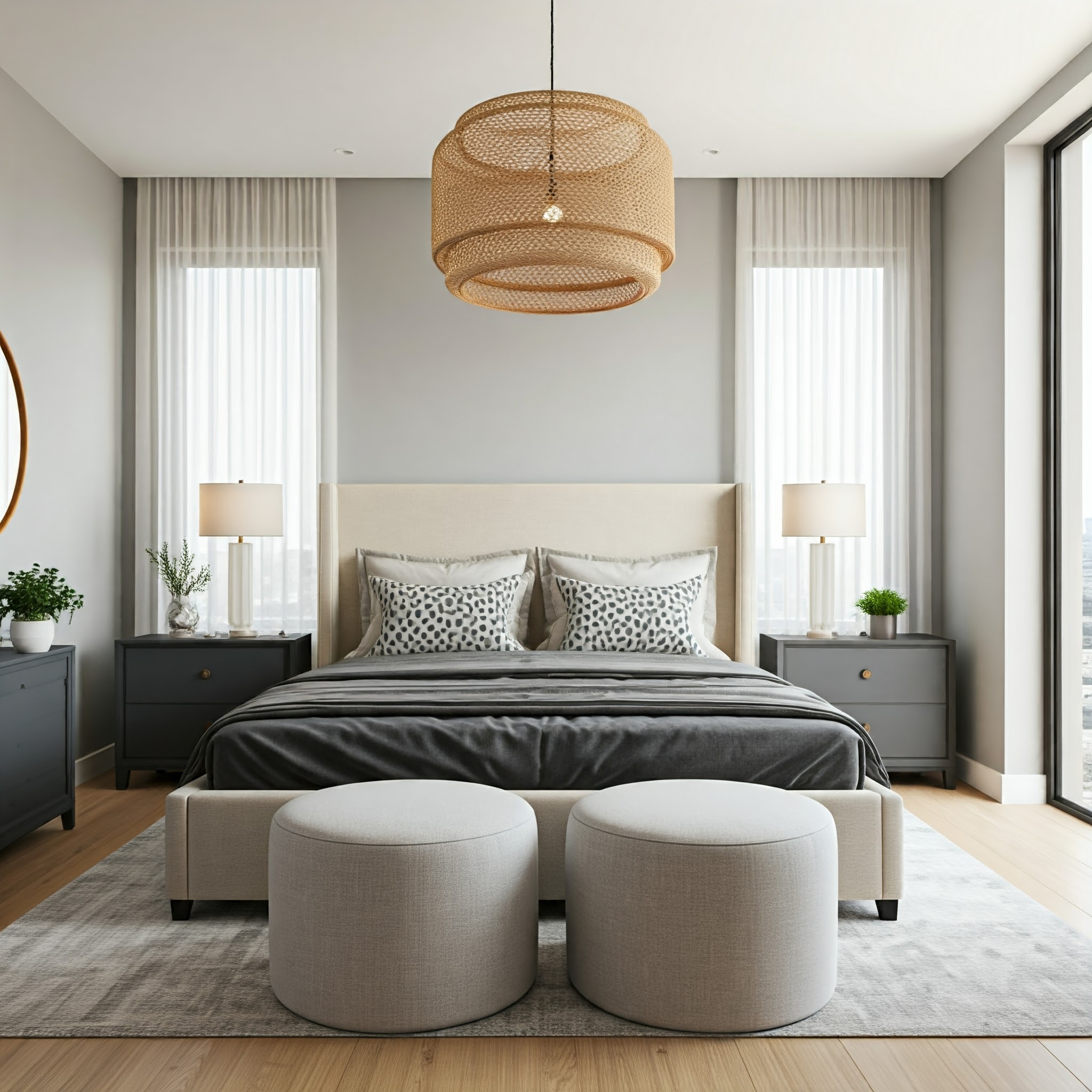 A modern, minimalist bedroom with a neutral colour palette. The room features a large bed with a beige upholstered headboard decorated with four pillows with a grey and white geometric pattern. On either side of the bed are two black bedside tables, each with a small, white-shaded lamp and a potted plant. The floor is light wood and partly covered with a grey carpet. At the foot of the bed are two round, grey ottomans. The walls are painted a soft grey and two tall windows with transparent white curtains allow natural light to fill the space. A large, circular, woven pendant lamp hanging from the ceiling adds warmth to the room. The overall design is clean and sophisticated, emphasising comfort and simplicity.