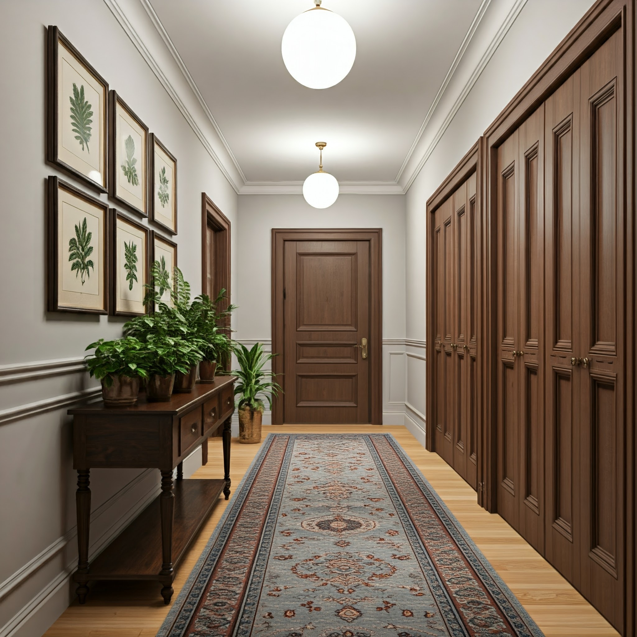 It depicts a well-lit, elegant hallway with a classic and symmetrical layout. The walls are painted in a soft, neutral tone and finished with white cornices. On the left, a series of framed botanical prints are evenly spaced, adding a touch of nature and sophistication. Below the prints, a dark wood console table holds a few potted green plants, enhancing the natural theme. The floor has a light wood finish, partially covered by a long, ornate grey oushak runner rug with intricate patterns in pale colors. On the right, a series of vertically paneled wooden doors, each with brass handles, cover the wall. The hallway is illuminated by three spherical pendant lights suspended from the ceiling, emitting a warm light. At the end of the hallway, a single wooden door with a similar design to the side doors acts as the focal point. The overall ambiance is one of refined elegance and serenity.