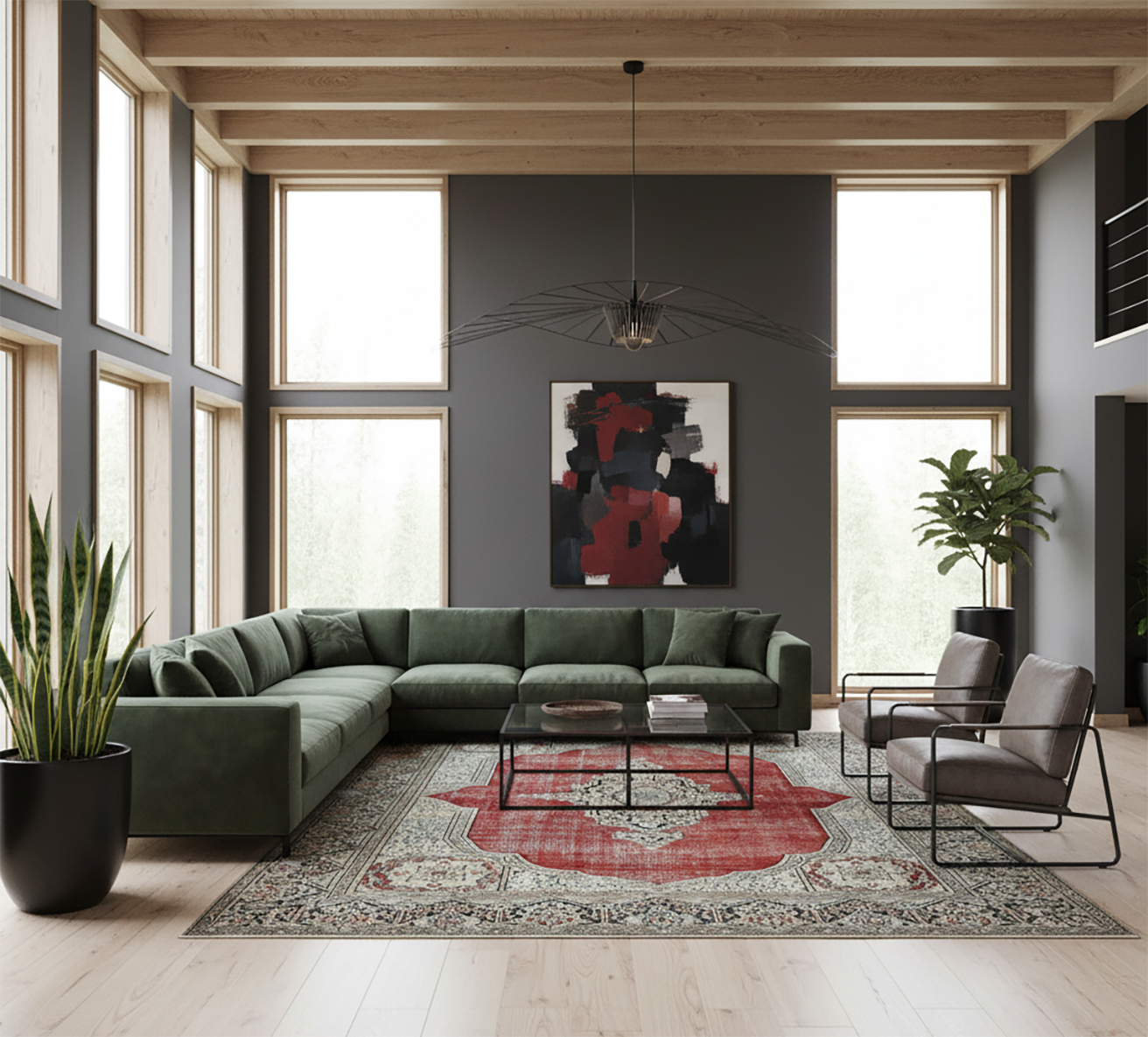 Hand-knotted Persian area rug with classic red medallion and intricate floral border, grounding a luxurious modern living room with a green velvet sectional sofa and natural wood ceiling.