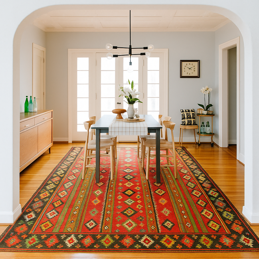Handmade Anatolian kilim rug with vibrant geometric patterns in red, green, and orange tones, featured in a modern dining room with wooden flooring and natural light.