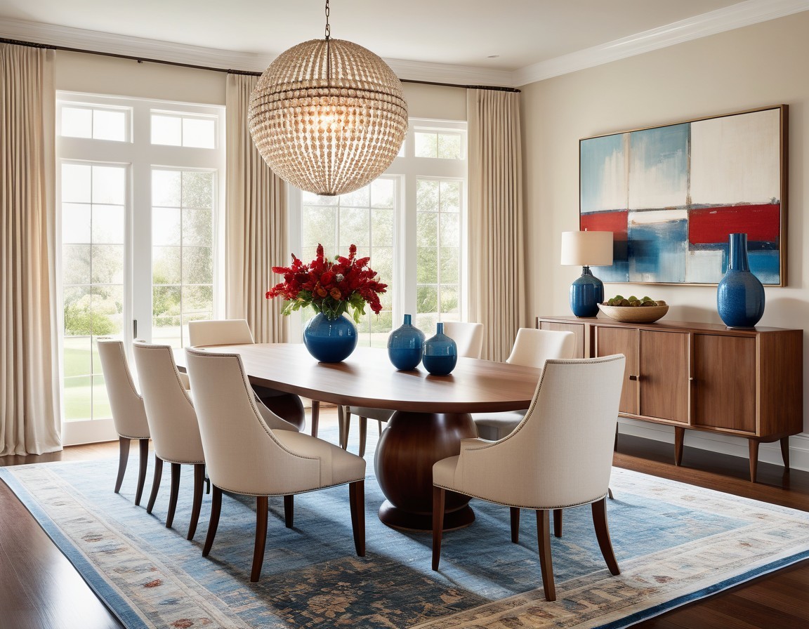 a modern, elegant dining room with a sophisticated layout. The room features a large oval wooden dining table surrounded by eight upholstered chairs with light beige fabric and dark wooden legs. Above the table hangs a large, spherical chandelier with a beaded design, casting a warm glow. The floor is covered with a blue patterned area rug that complements the room's color scheme. In the background, a sideboard with a mid-century modern design holds decorative blue vases and a bowl of green apples. A large abstract painting with red, white, and blue blocks hangs on the wall above the sideboard. The room is well-lit by natural light streaming through the tall, white-framed windows, which are adorned with light beige curtains. The overall ambiance is one of contemporary elegance and comfort.