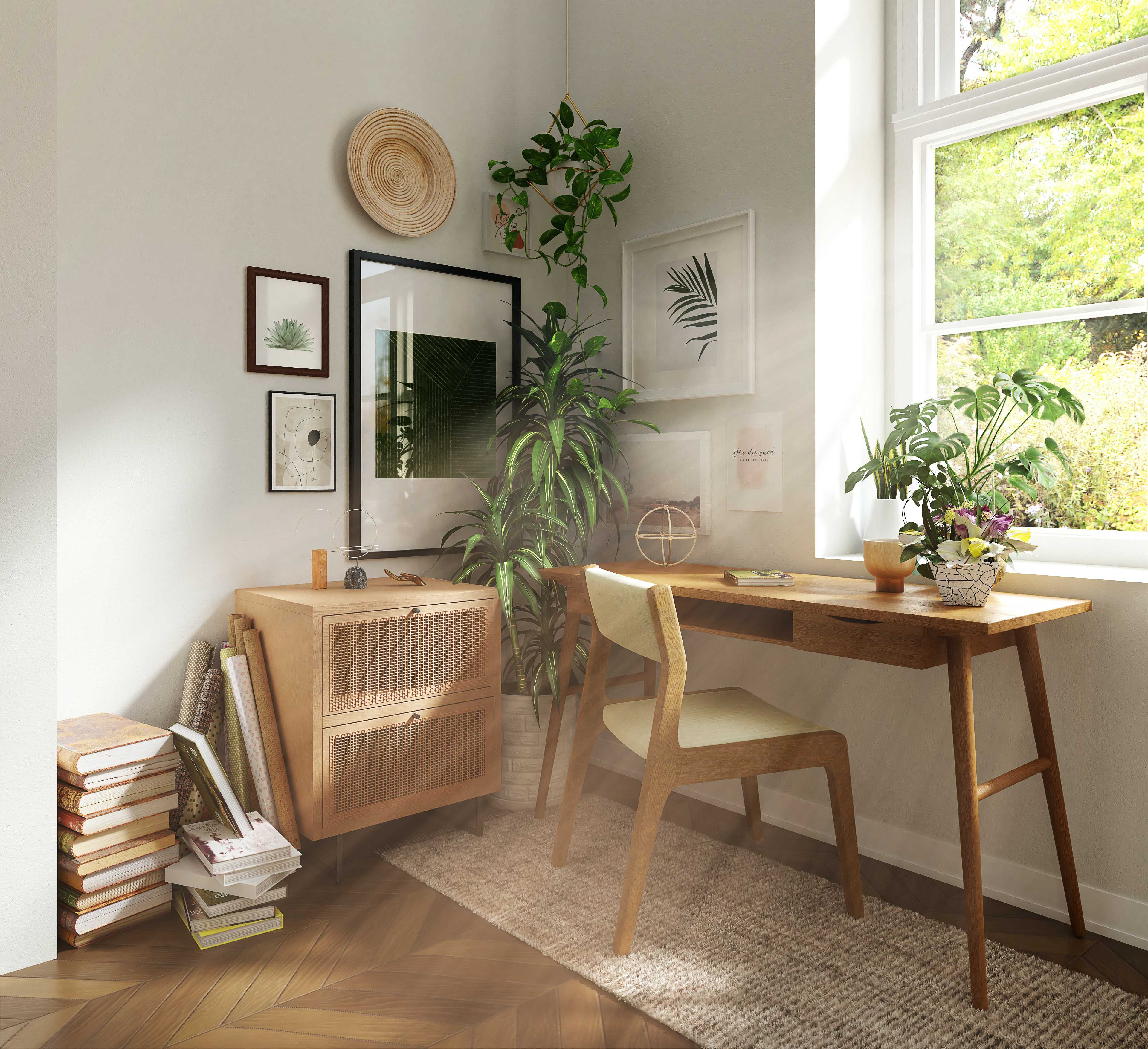 A cozy home office or study nook featuring a light-colored, textured runner rug placed under a wooden desk and chair, defining the workspace area and illustrating ideal rug sizing for a small office or narrow space.