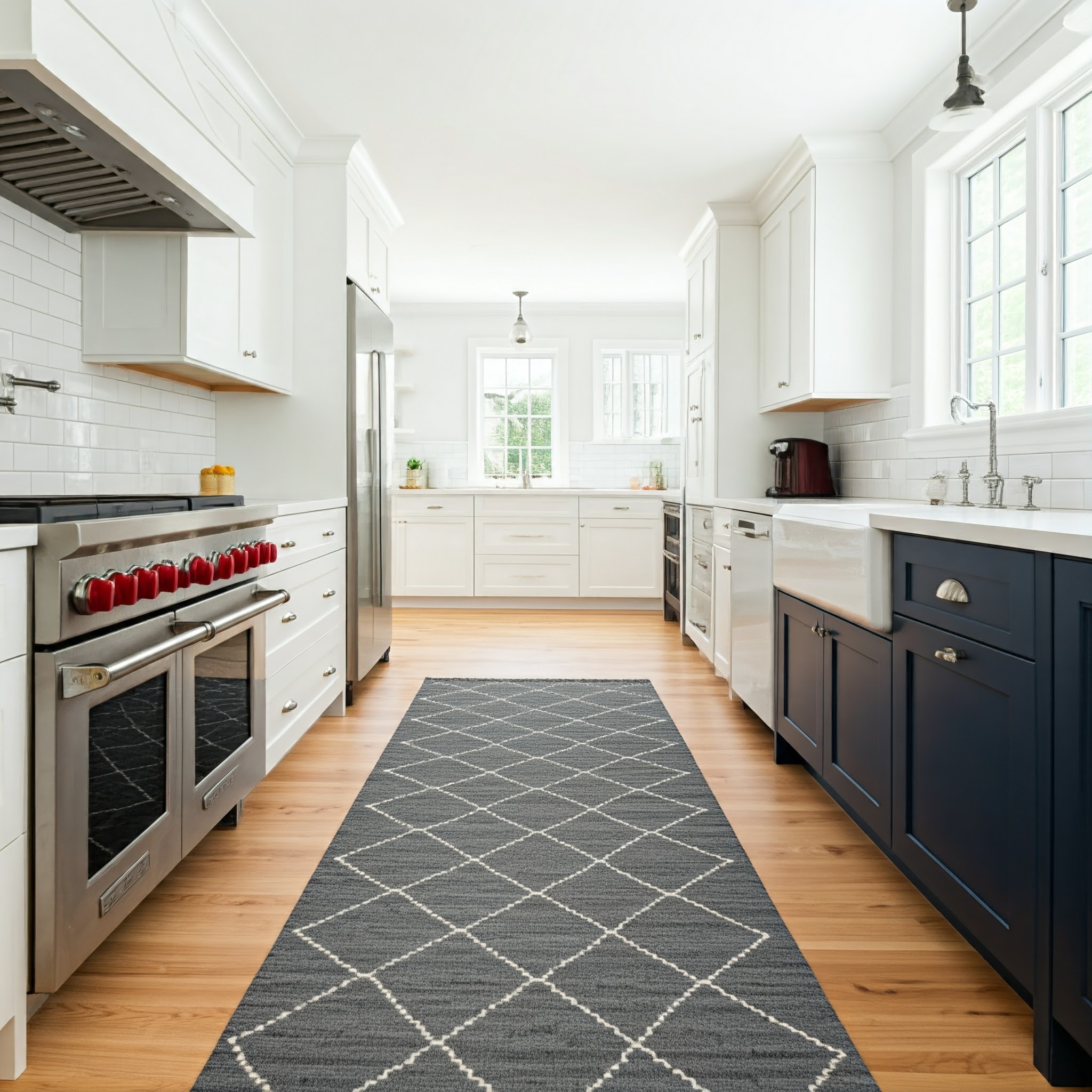 A modern farmhouse kitchen with white upper cabinets and navy lower cabinets, featuring a long gray runner rug with a white diamond pattern extending down the middle, demonstrating ideal rug sizing for a kitchen galley or high-traffic area.