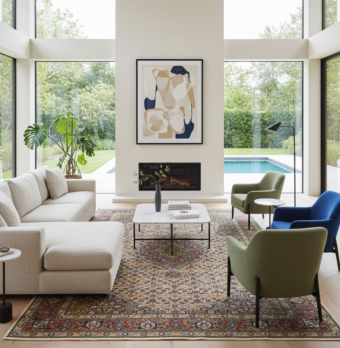Authentic hand-knotted Persian area rug featuring intricate red, blue, and gold patterns. The wool rug anchors a bright, modern living room with floor-to-ceiling windows, light sectional sofa, and a marble coffee table