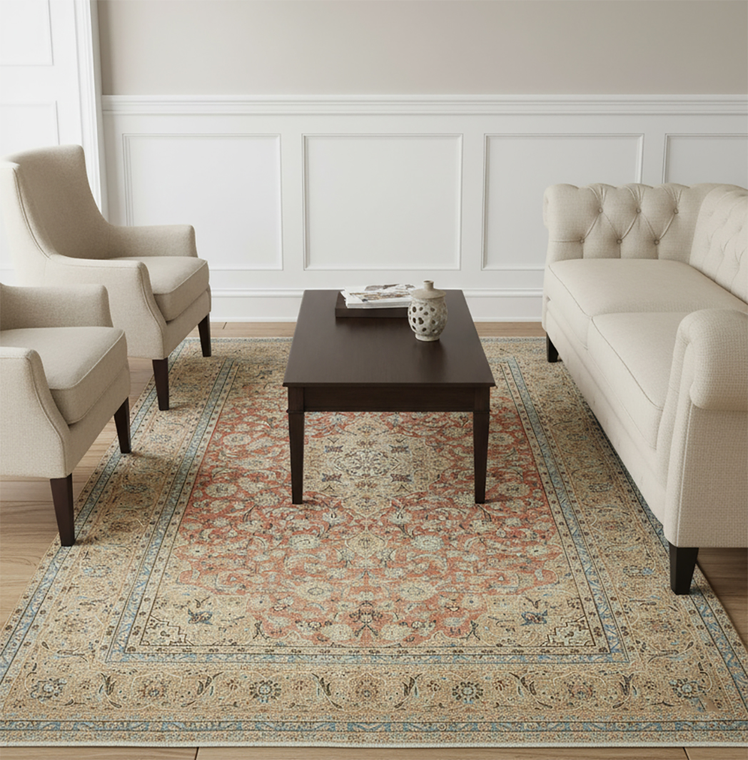 Authentic hand-knotted Persian area rug in soft beige, salmon, and ivory tones, grounding a transitional living room with neutral tufted sofa and wainscoting.