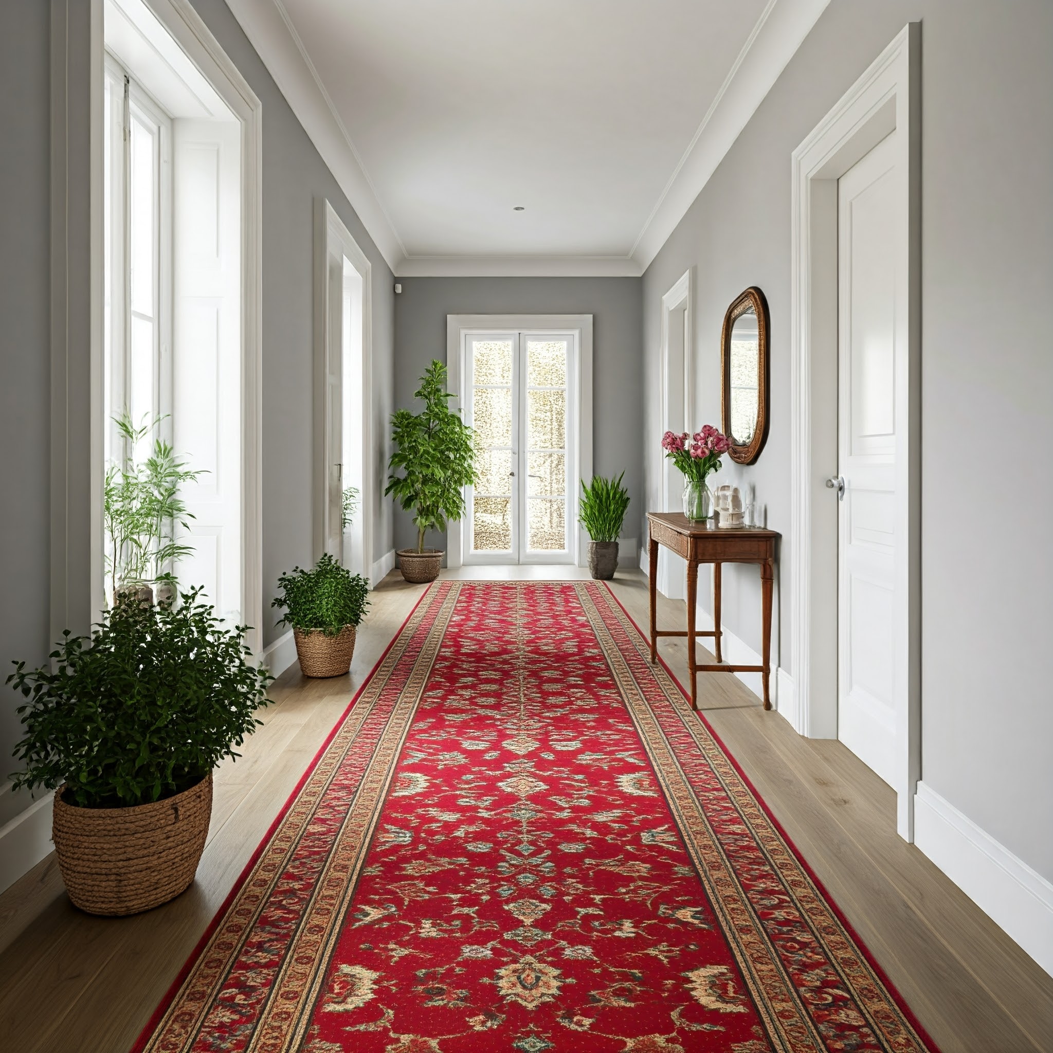 A long, narrow hallway with a red and cream patterned turkish runner rug.