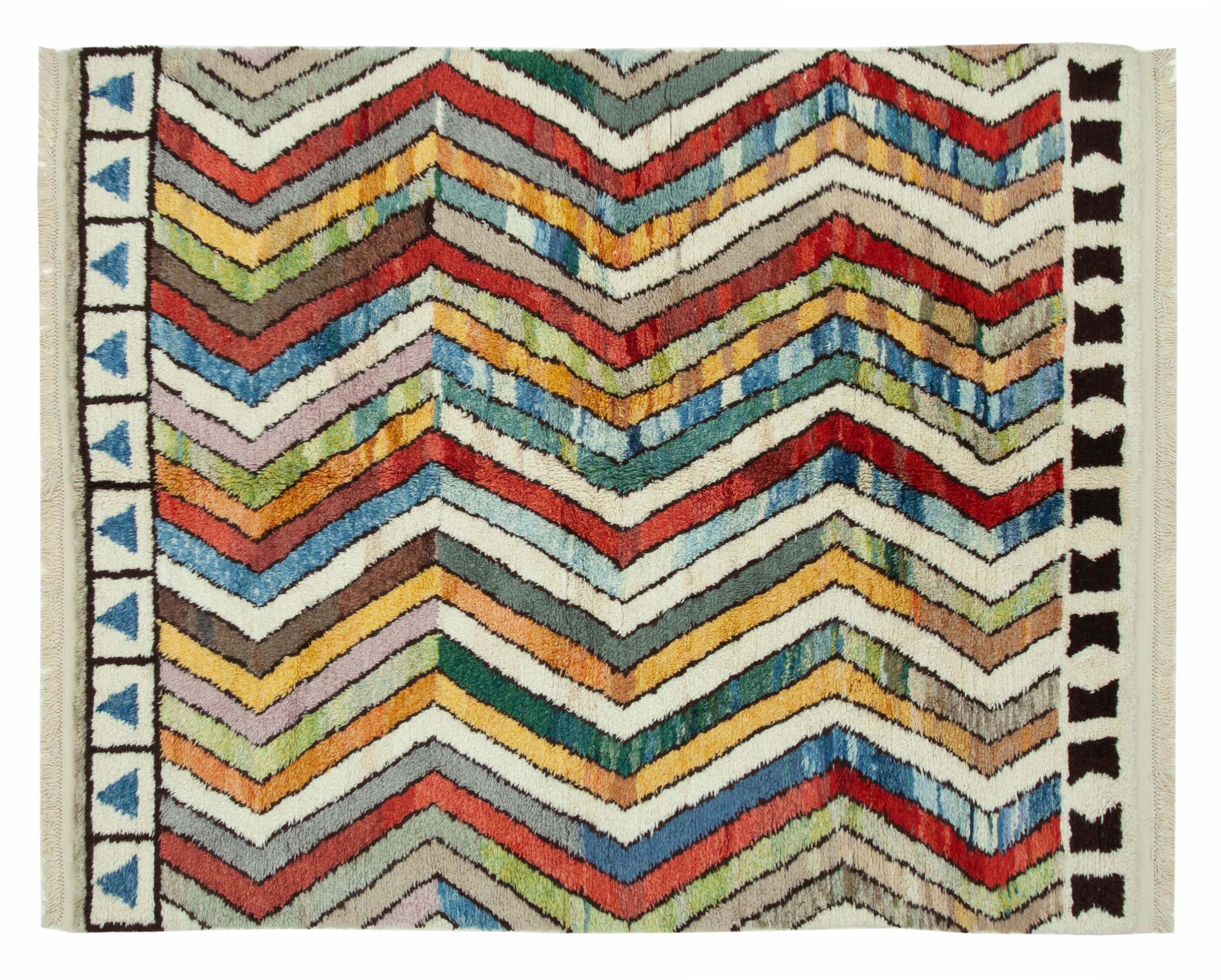 A lively modern space featuring a multicolor Moroccan handwoven rug, showcasing intricate patterns and a rich palette that adds visual energy and warmth to the decor.