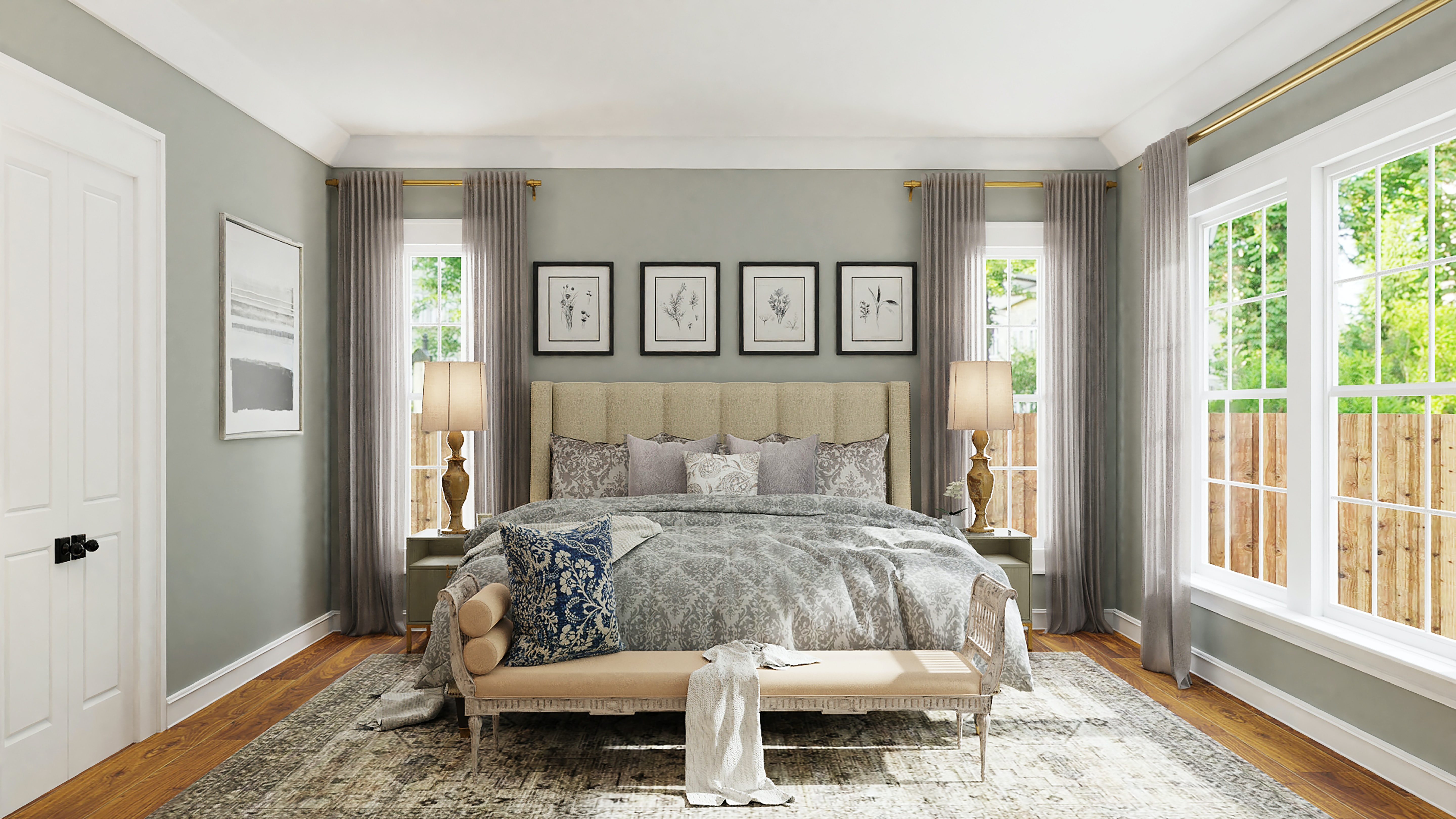A modern and elegant bedroom decorated with a neutral-toned, gri hand-woven rug, giving it the feel of a serene sanctuary