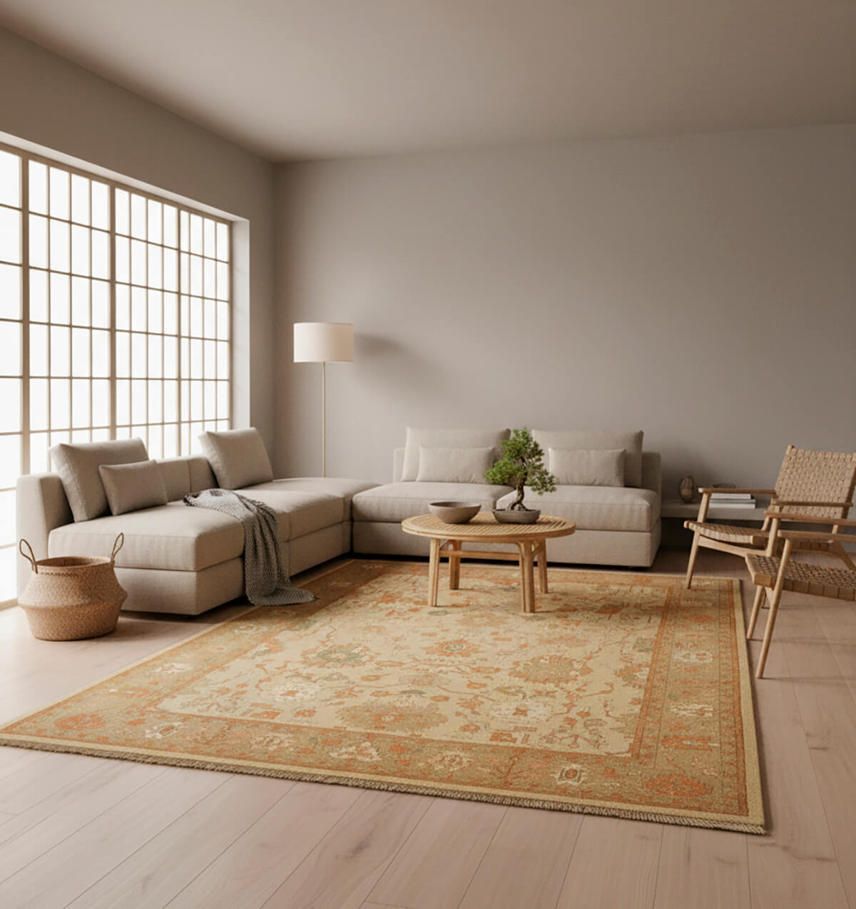 A neutral colored Oushak rug anchoring a contemporary living room with a mid-century modern aesthetic, illustrating the successful pairing of soft vintage textiles with clean-lined furniture.