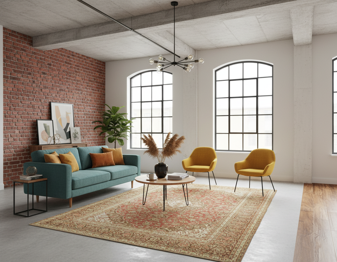 An Oriental rug with distressed red and orange tones beautifully contrasting a modern, industrial living room featuring exposed brick, concrete ceilings, a teal sofa, and yellow accent chairs.