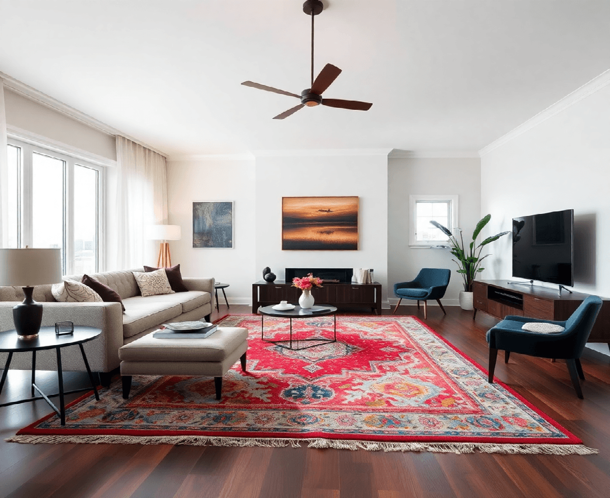 Vibrant living room with colorful traditional wool rug and mid-century modern furniture