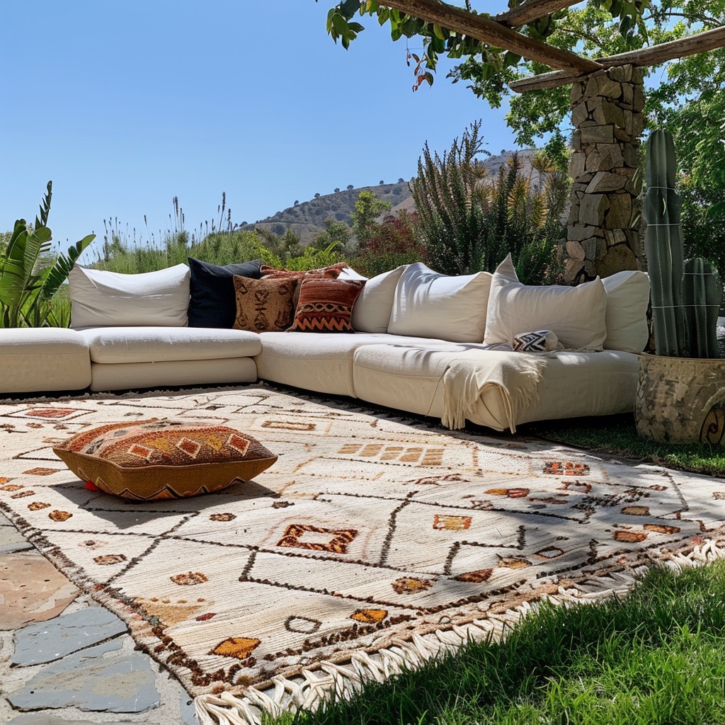 A handmade bohemian rug with a geometric pattern placed under a garden seating set on a stone patio.