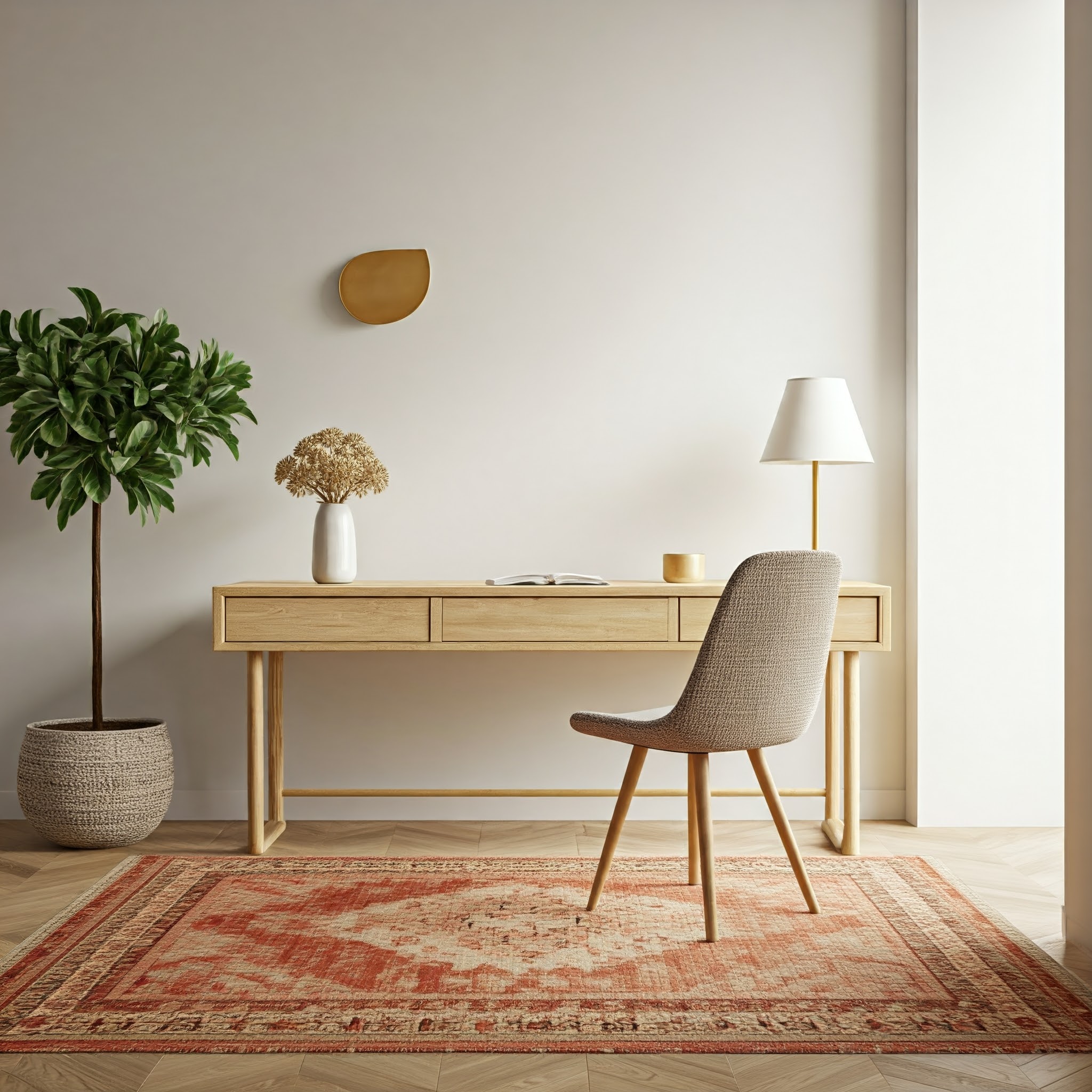 Above the desk, a small, abstract, gold-colored wall decoration adds a subtle artistic element. The floor is adorned with a large, rectangular rug in shades of red and beige, featuring a traditional pattern that complements the room's warm tones.