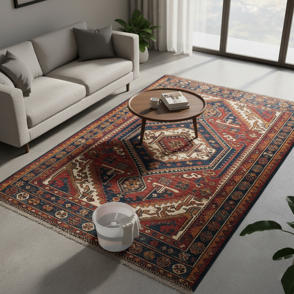 Overhead view of a living room with a person spot cleaning a large, red and blue hand-knotted wool rug with a bucket and cloth, demonstrating a careful cleaning process