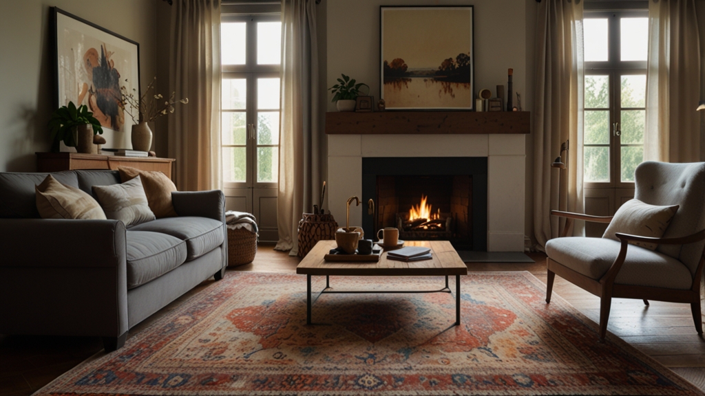 In the middle of the cozy living room, bathed in warm sunlight filtering through the window, is a nice 7x10 vintage area rug. The cozy furniture placed around the rug creates a warm atmosphere. The modern fireplace looks great in the space, and the rug really enhances the aesthetics of the room.
