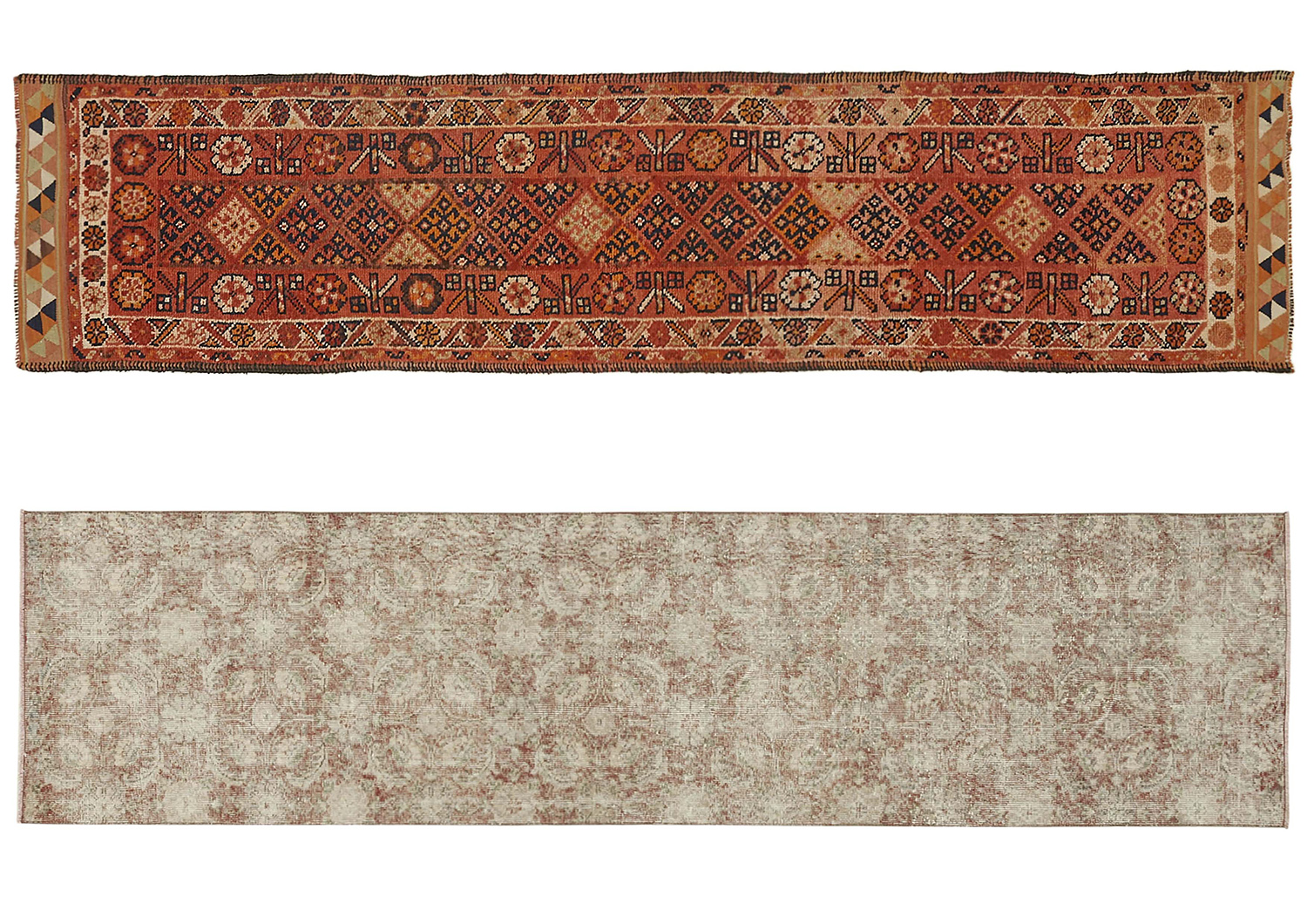 Two rectangular carpets are placed horizontally one above the other. The upper carpet, a Turkish runner rug, has a traditional style with intricate geometric and floral patterns in shades of red, orange and black, bordered by a series of smaller geometric patterns. The patterns are symmetrical and densely packed, creating a rich, textured appearance. The underlying carpet, the Turkish carpet runner has a more modern, distressed look with a faded, abstract pattern in soft shades of beige and light brown, giving it a vintage feel. Both rugs are of similar length, with the upper rug appearing slightly narrower. The contrast between the crisp, detailed design of the upper rug and the thin, worn look of the lower rug emphasises the different aesthetic styles.