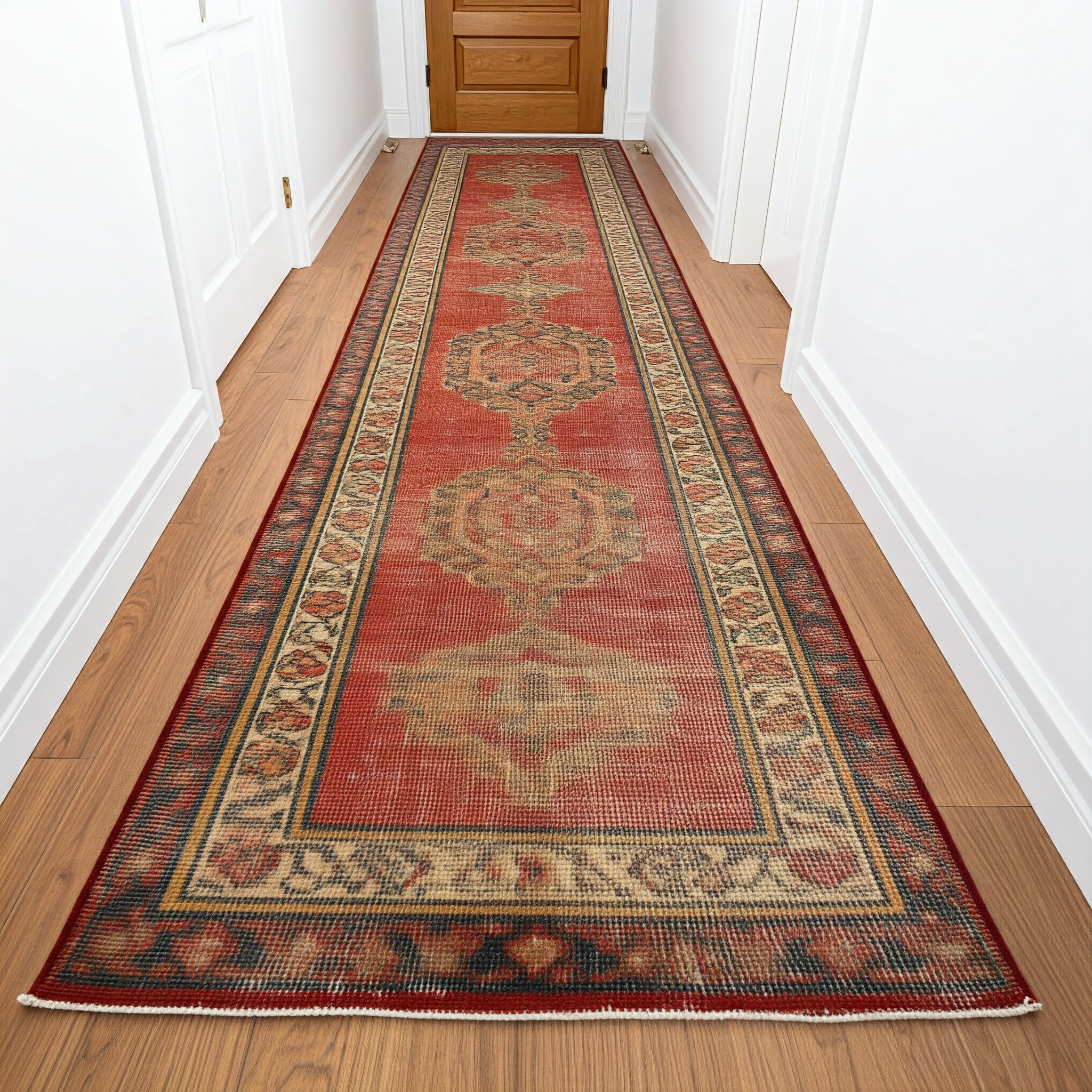 a long, narrow hallway with a traditional turkish oushak runner rug placed centrally on a wooden floor. The rug features an intricate design with a dominant red background, bordered by a series of geometric patterns in beige, green, and black. The pattern includes a series of medallions running along the center, each surrounded by ornate floral motifs. The hallway walls are painted white, and the baseboards are also white, providing a stark contrast to the warm tones of the rug and floor. At the end of the hallway, a wooden door with a natural finish is visible, complementing the wooden floor. The overall style is classic and elegant, with a focus on symmetry and traditional design elements.