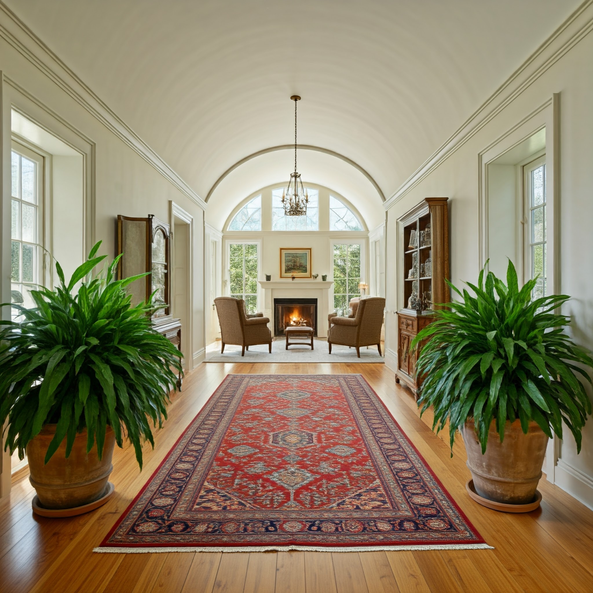a luxurious, elegantly styled hallway with a symmetrical layout. The space features a high, arched ceiling painted in a soft white, complemented by light-colored walls. Large windows on either side allow natural light to flood the area, highlighting the polished wooden floor. A vibrant red Turkish rug with intricate patterns runs the length of the hallway, leading to a cozy seating area by a lit fireplace.