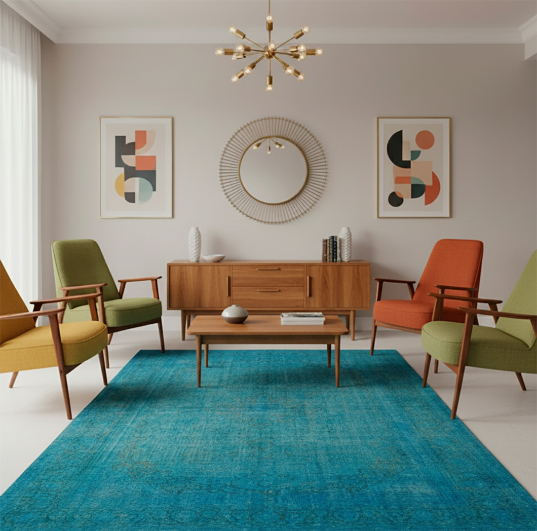 Hand-knotted vintage Persian rug in vibrant turquoise overdyed color anchoring a Mid-Century Modern living room. The large wool rug creates high contrast with the brightly colored retro chairs and minimalist decor.