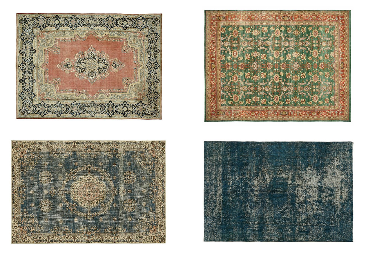 A visual collection of four iconic Oriental rug types, featuring traditional patterns in colors like rust red, emerald green, muted blue, and distressed navy.