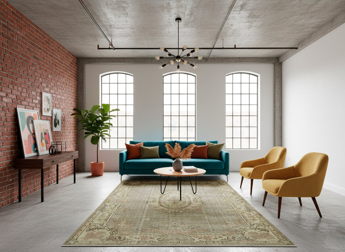 Cozy living room featuring a vintage area rug, a modern sofa, and strategic use of brass metal accents and ambient lighting to connect contemporary furniture with antique textiles.