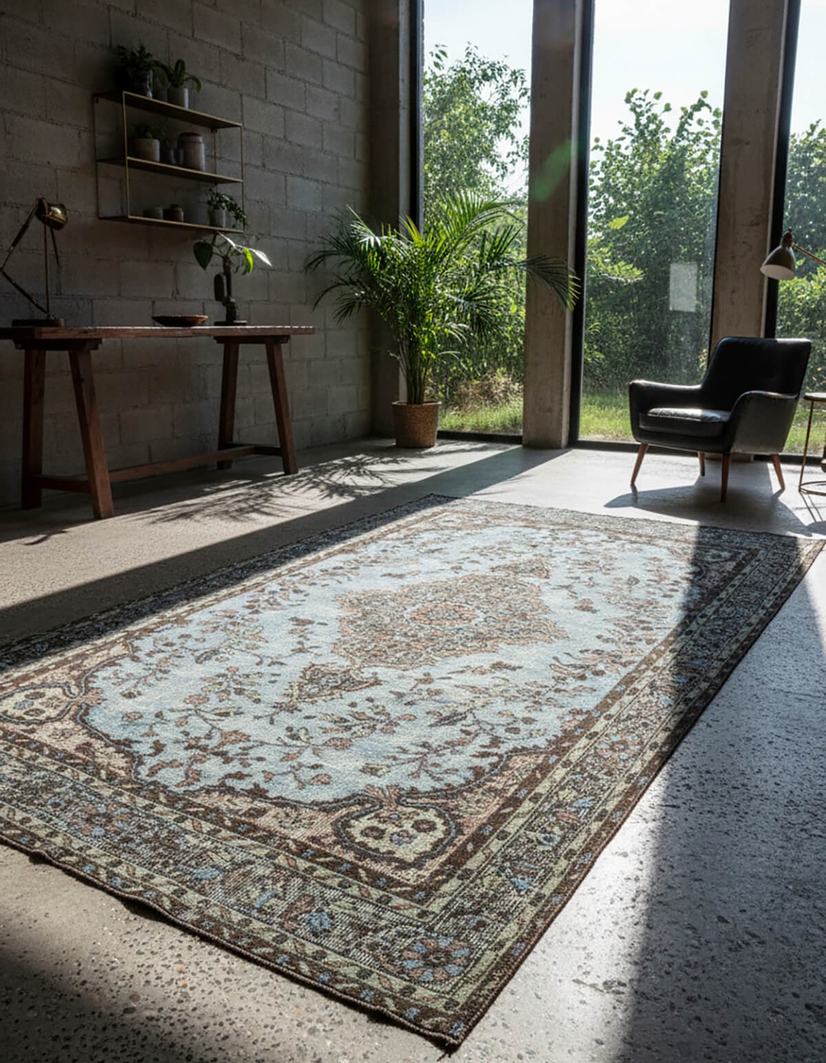 A distressed oriental rug in a vibrant turquoise hue anchors a modern living room, demonstrating how a colorful vintage area rug can act as a focal point and expand a contemporary home's neutral palette.