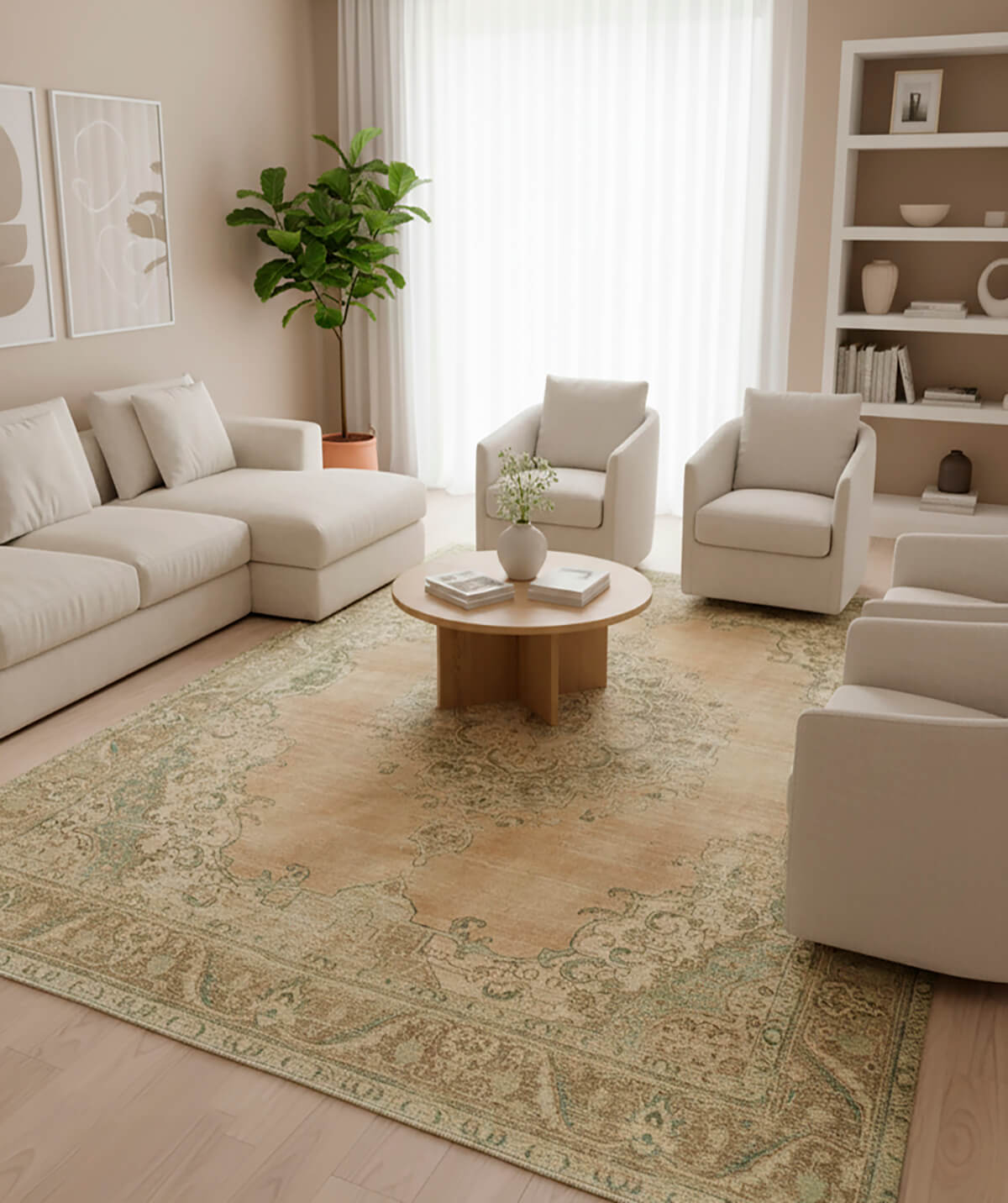 A richly patterned vintage Persian area rug (approx. 8x10) used to anchor a living room furniture arrangement, providing a sophisticated foundation beneath a modern sofa and coffee table