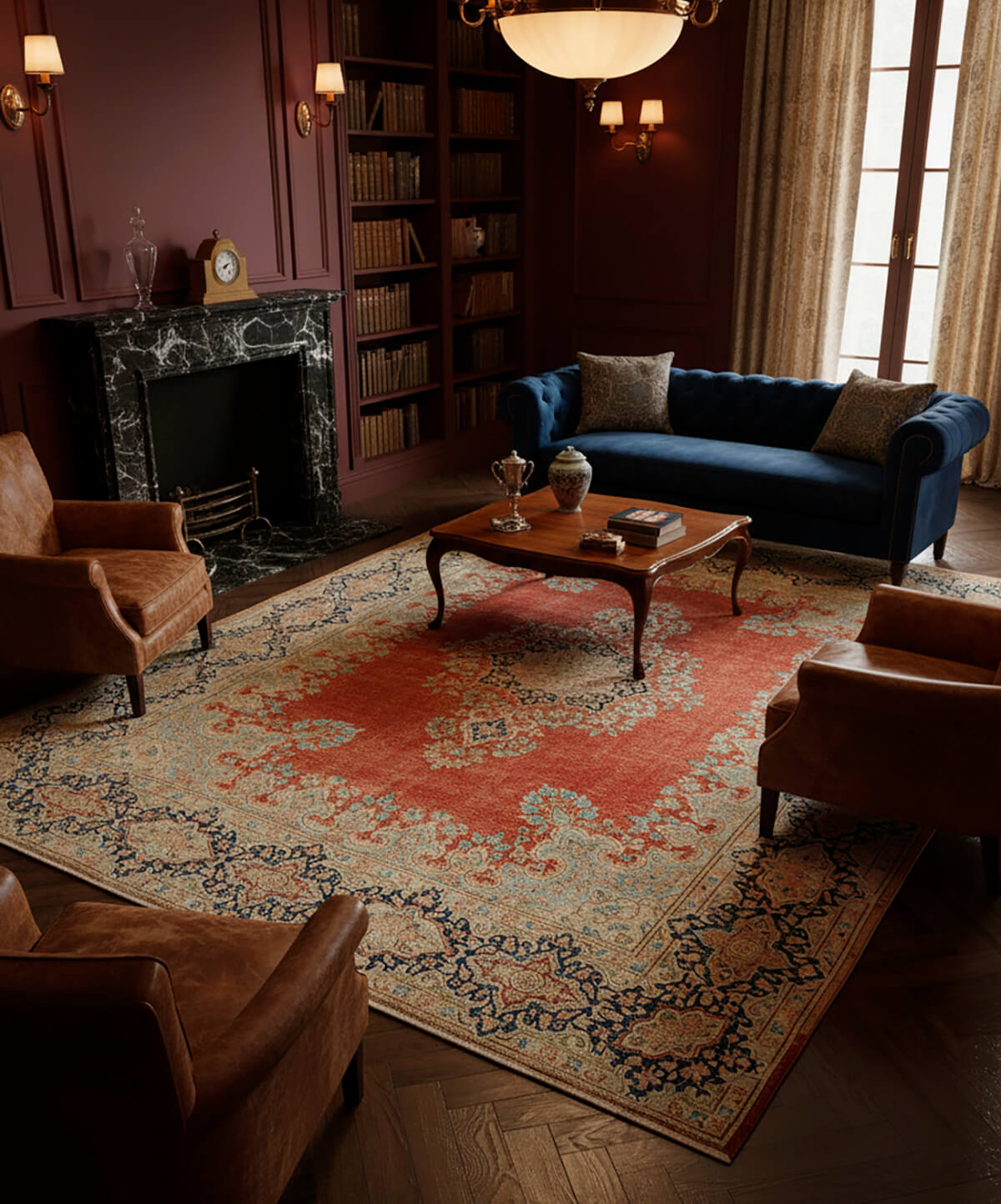 Final example of a successful blend: a distressed vintage area rug complementing contemporary furniture, lighting, and metal accents, showcasing the ideal harmony between old-world craftsmanship and modern design.