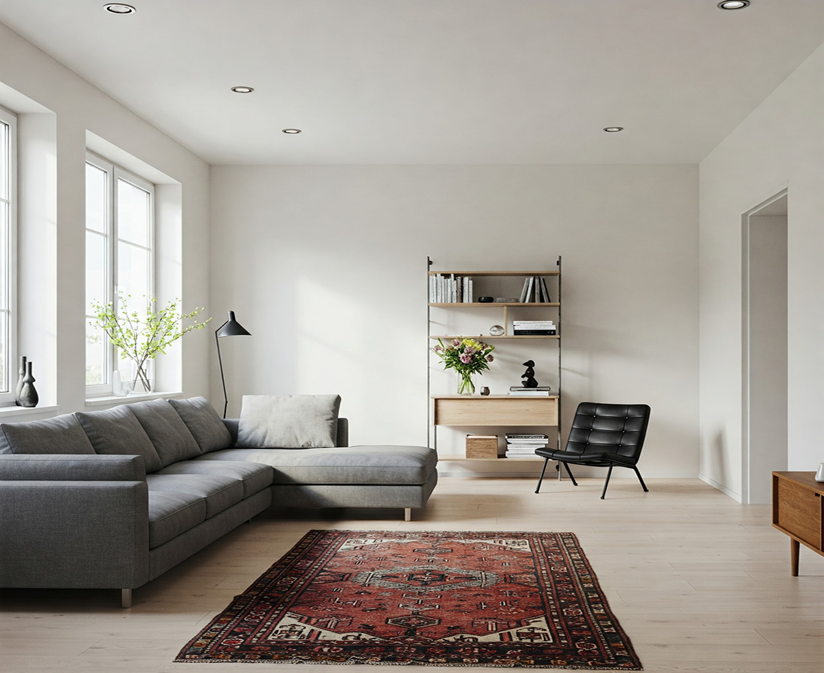 Cozy Scandinavian-style interior featuring a red wool rug and neutral furniture