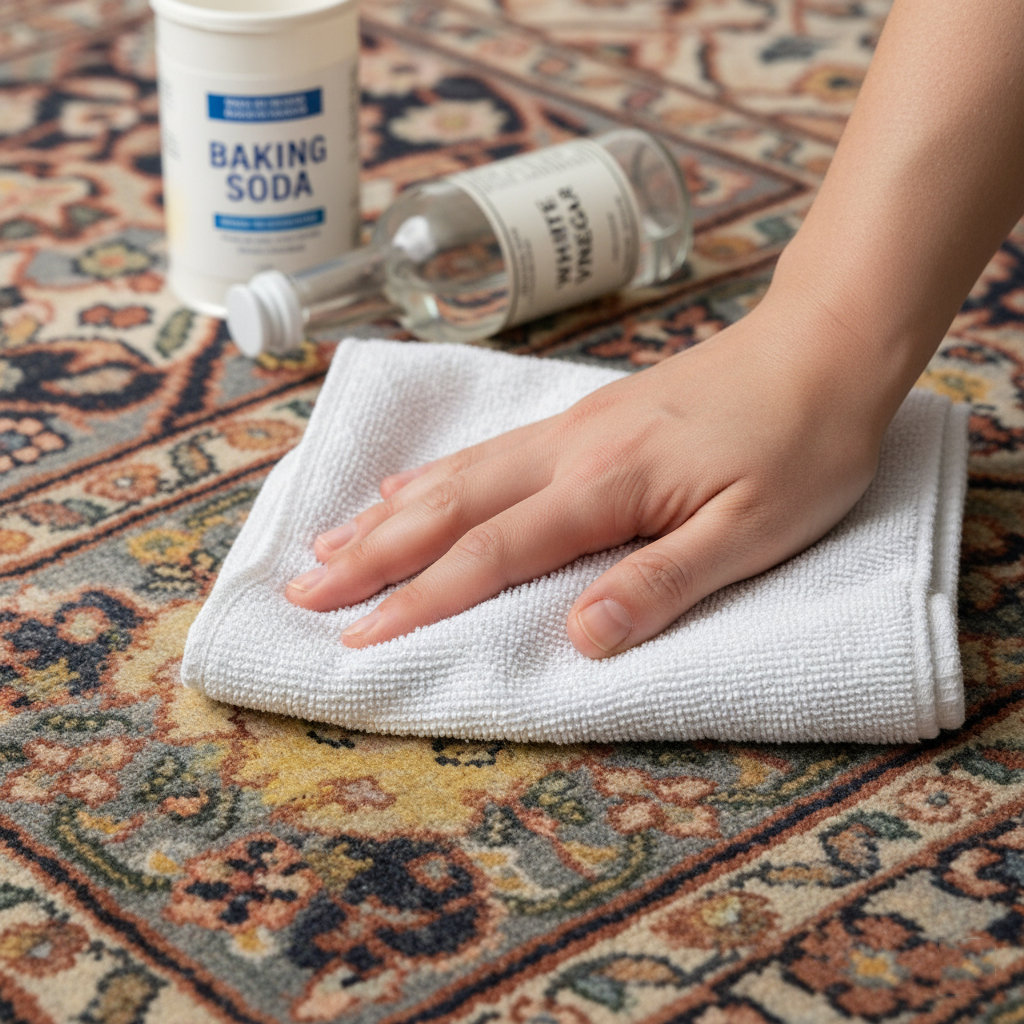 Close-up of a hand gently blotting a fresh pet stain on a hand-knotted wool rug with a white cloth, with bottles of white vinegar and baking soda in the background for odor neutralization.