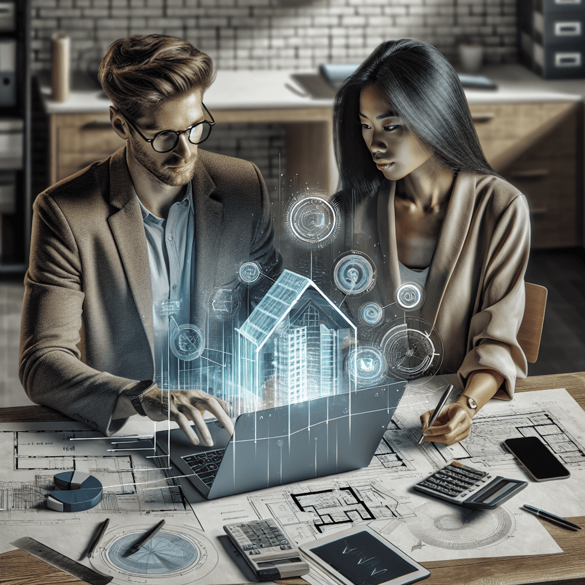 Real Estate Bubble Canada: 2025 Valuations 4 A Caucasian man and an Asian woman collaborate over a laptop displaying property valuation charts and graphs. The modern office setting is adorned with calculators, blueprints, and measuring tools in the background, representing a blend of traditional and digital methods in property appraisal. The focus is on their engaged expressions and the surrounding items, emphasizing teamwork and professional interaction without any text or legible scribbles.
