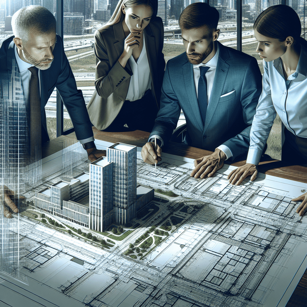 Real Estate Bubble Canada: 2025 Valuations 3 A diverse group of professional individuals gathered around a large blueprint on a table, deeply engaged in discussion. One member is Caucasian with short brown hair, wearing a navy suit, while another is Hispanic with dark hair tied back, dressed in a light gray blazer. The blueprint details a complex building structure, indicating their involvement in a construction project. In the background, an urban landscape under development features cranes and partially constructed buildings, symbolizing land acquisition and property development. The atmosphere conveys a sense of urgency and professionalism as they analyze the plans.