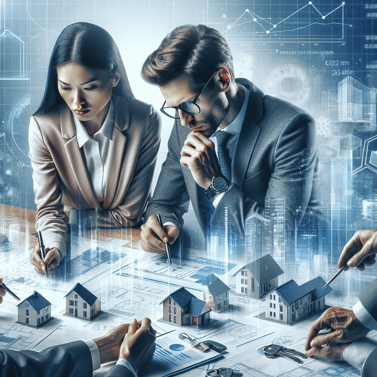 Real Estate Bubble Canada: 2025 Valuations 2 A diverse group of professionals, including a Caucasian male and an Asian female, intensely examining property blueprints and data in a realistic setting. Their focused expressions convey deep concentration and dedication. The background features symbols of real estate like small scale models of houses, buildings, and keys, along with graphs and charts that represent analysis. The scene encapsulates teamwork and complex thought processes involved in real estate valuation. No text is present in the image.