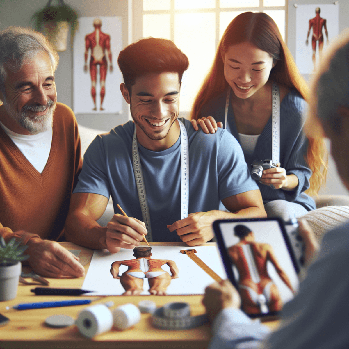 Sciatica Treatment at Disha Arogya Dham 3 Three individuals of different descents—Caucasian, Hispanic, and Asian—are seated in a cozy living room. They are engaged in self-assessment techniques for sciatica, using a measuring tape and a notepad. The setting is warm and inviting, with soft lighting and comfortable furniture. Each person is focused on their task while sharing supportive smiles, showcasing a sense of collaboration and care.