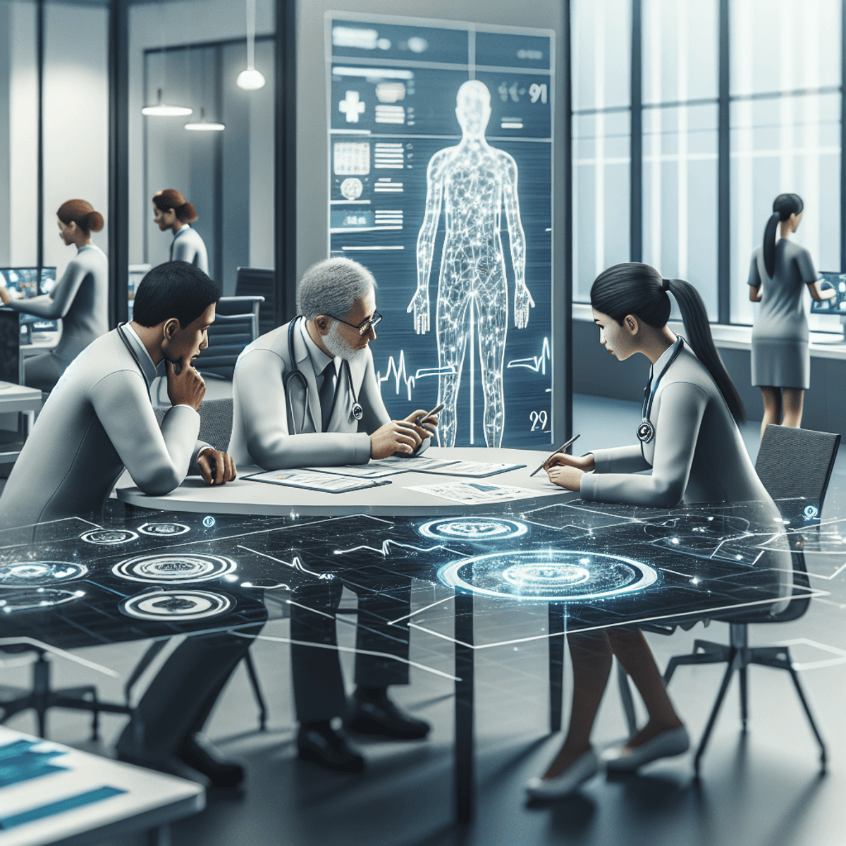 Sciatica Treatment at Disha Arogya Dham 5 A diverse group of three healthcare professionals, one Caucasian, one Asian, and one Hispanic, engaged in a collaborative discussion around a table filled with advanced medical equipment and patient charts, highlighting the importance of personalized care in a modern healthcare setting.