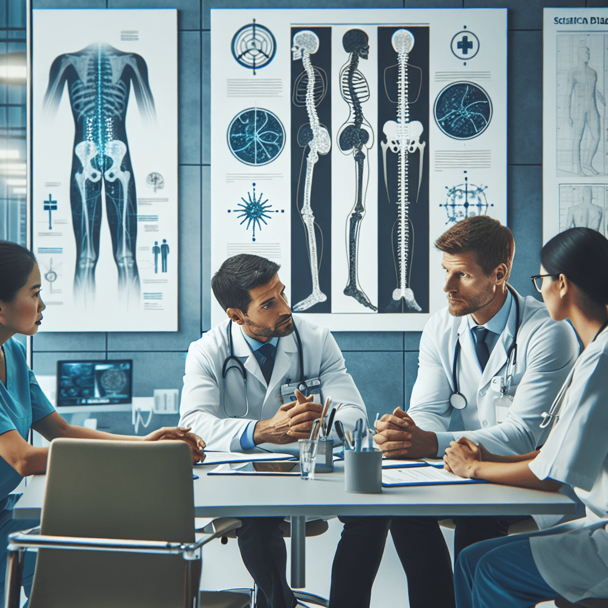 Sciatica Treatment at Disha Arogya Dham 2 A diverse group of healthcare professionals, including a Caucasian man, a Hispanic woman, and an Asian woman, engaged in a serious discussion about patient care in a modern medical office. The office is equipped with various medical tools and features charts on the walls related to sciatica diagnosis, displaying symbols and diagrams that emphasize their collaborative approach and professionalism in the setting.