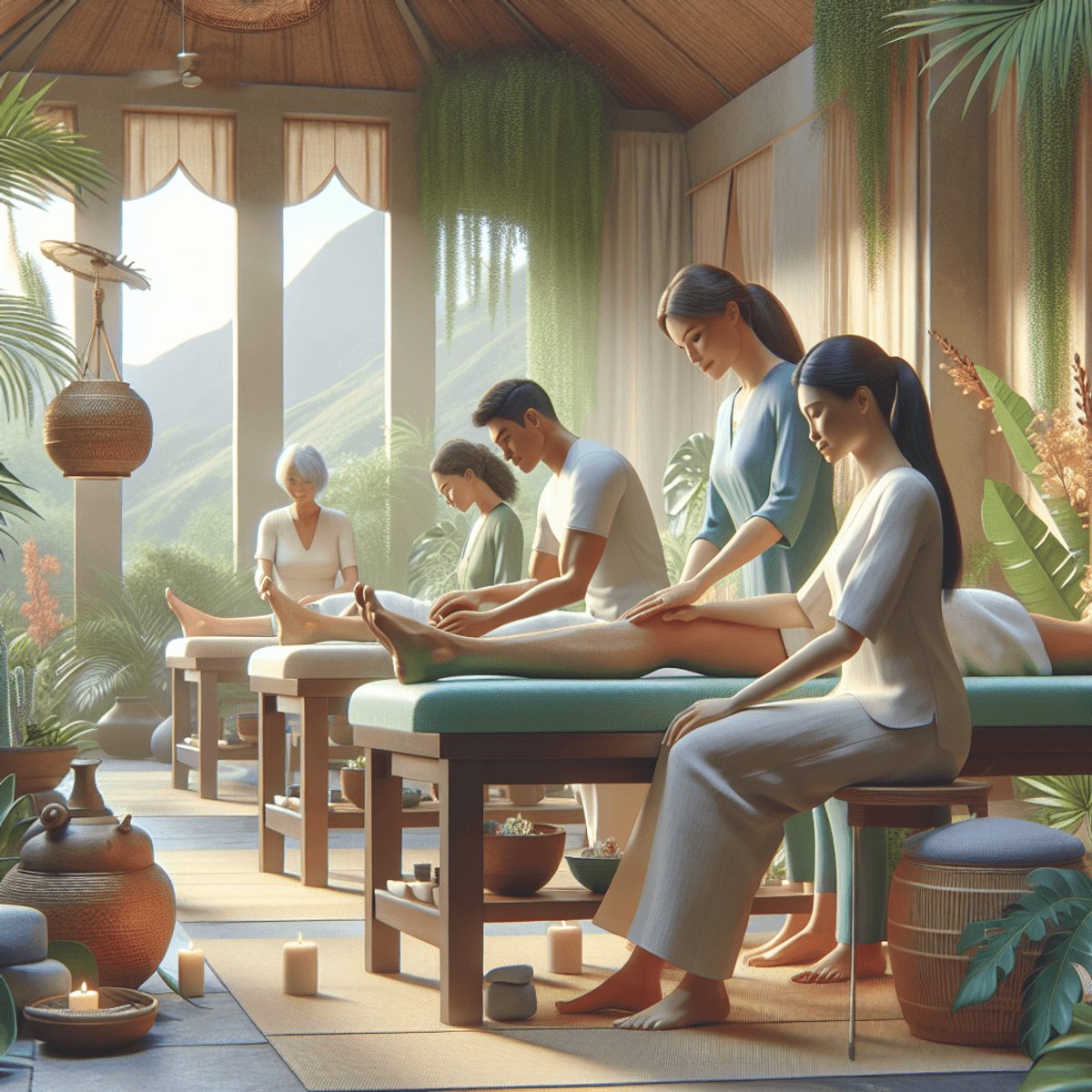 Sciatica Treatment at Disha Arogya Dham 4 A serene Ayurvedic treatment center featuring a Caucasian woman, an Asian man, and a Hispanic woman engaged in therapy for sciatica. The setting is surrounded by lush plants, with calming colors like soft greens and earthy tones creating a peaceful ambiance that emphasizes healing and wellness.