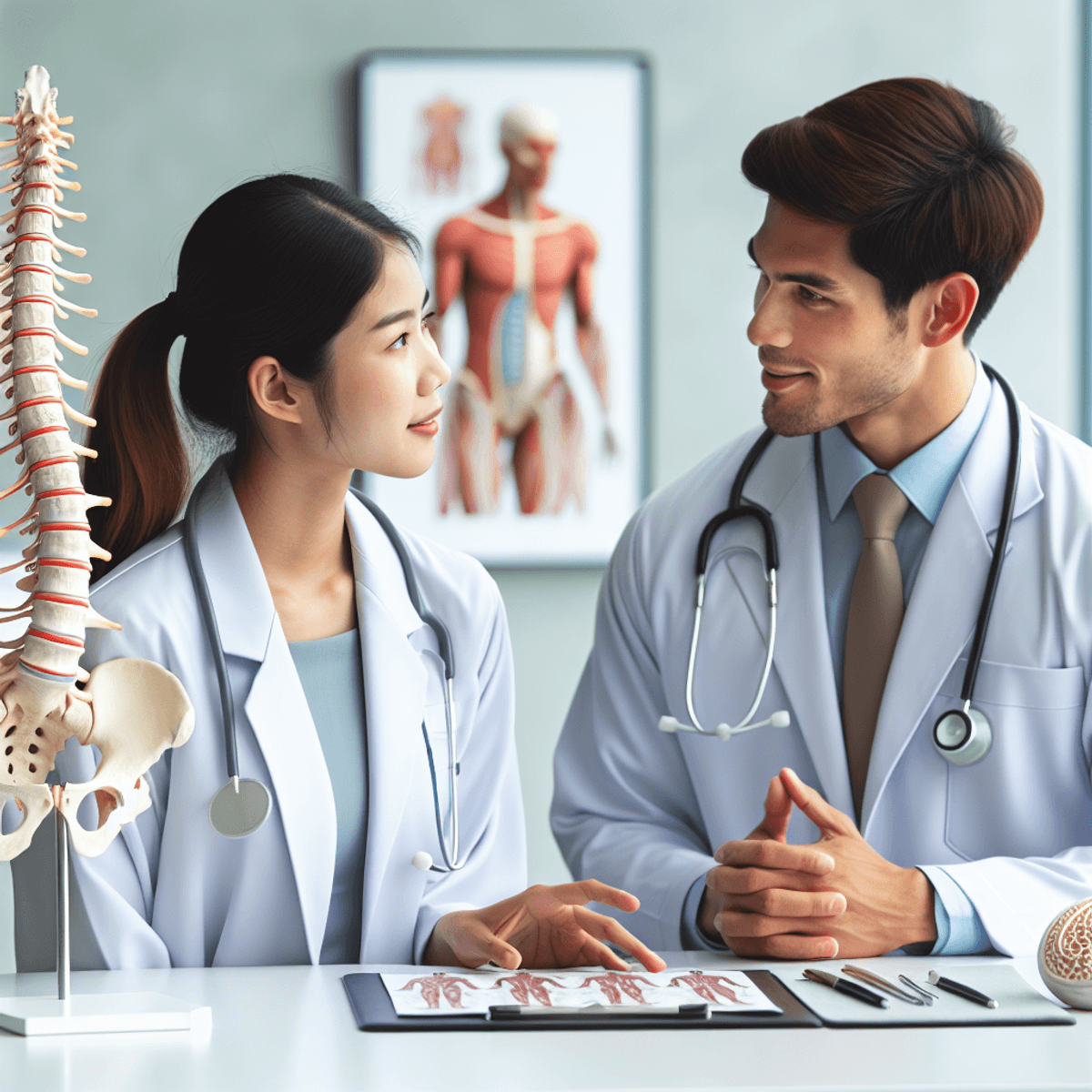 Sciatica Treatment at Disha Arogya Dham 6 A Caucasian male doctor and an Asian female nurse discussing treatment strategies in a bright, modern clinic, with anatomical models of the spine and nervous system on a nearby table.