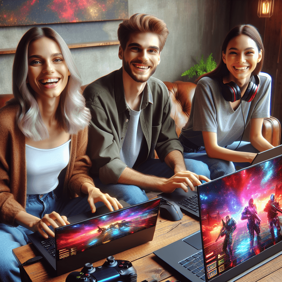 A group of three young adults, consisting of a Caucasian woman, a Hispanic man, and an Asian individual with an unspecified gender, are sitting together in a cozy living room filled with warm lighting. They are all smiling and engaged in an online gaming session, each with a laptop open in front of them showing colorful game graphics. The table is adorned with various gaming accessories, including a gaming mouse, headphones, and a joystick, creating a vibrant and energetic gaming atmosphere.