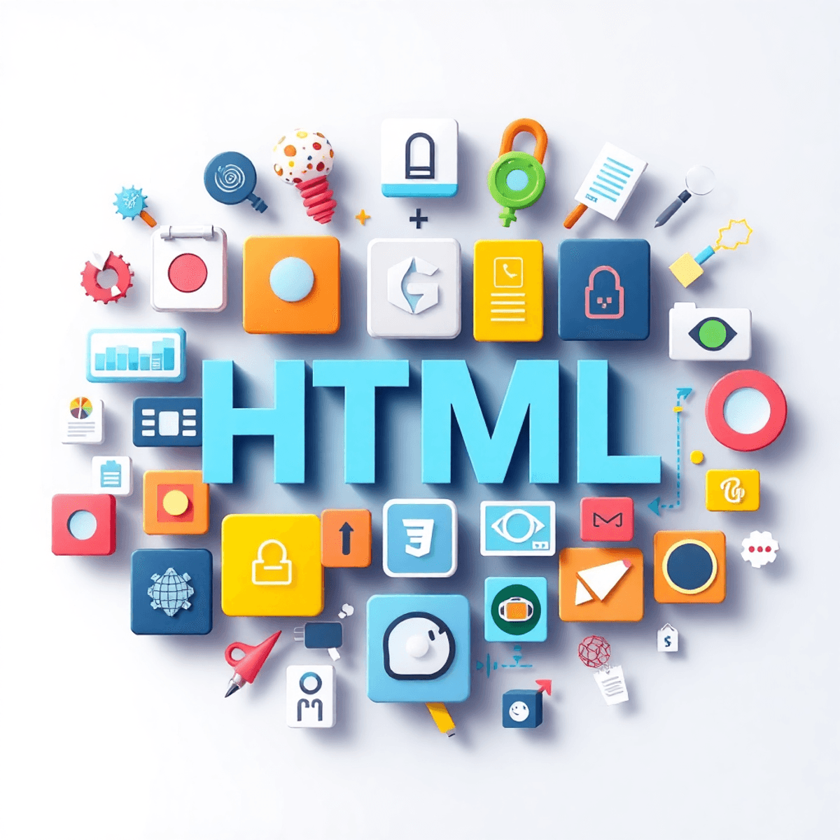 A vibrant collage of interactive HTML image tools, showcasing creative icons and symbols in a realistic style to represent innovation and technology.